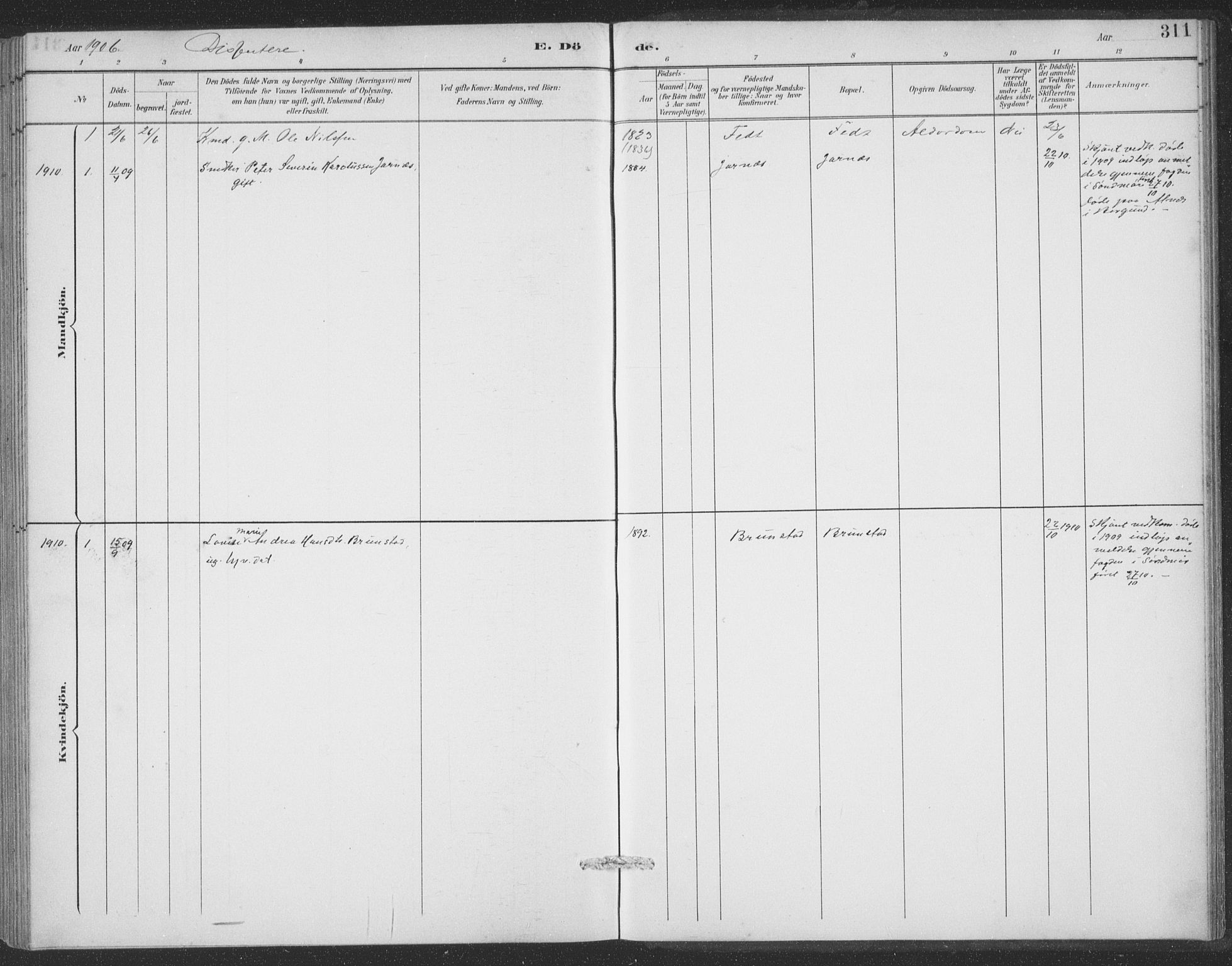 Ministerialprotokoller, klokkerbøker og fødselsregistre - Møre og Romsdal, SAT/A-1454/523/L0335: Parish register (official) no. 523A02, 1891-1911, p. 311