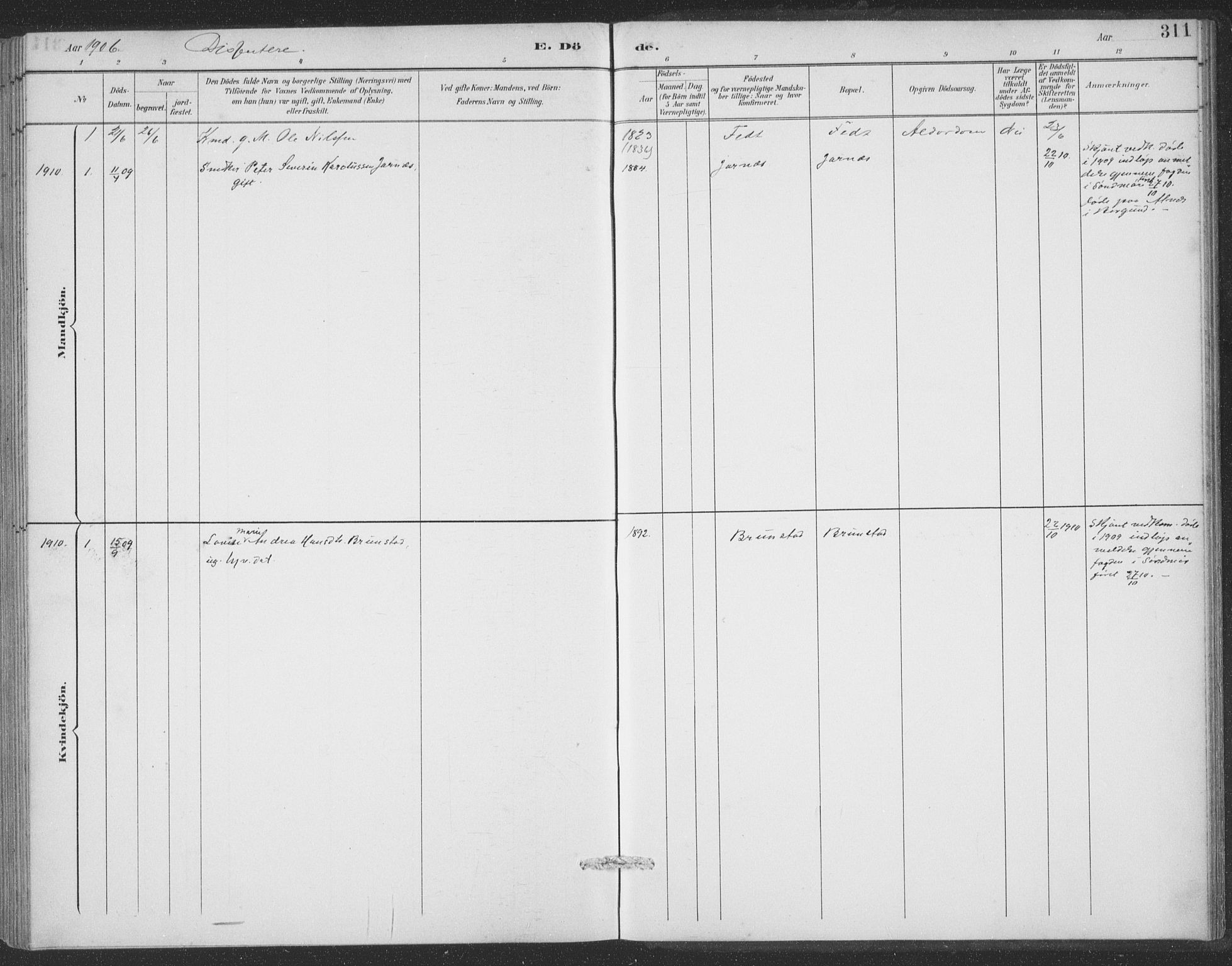 Ministerialprotokoller, klokkerbøker og fødselsregistre - Møre og Romsdal, AV/SAT-A-1454/523/L0335: Parish register (official) no. 523A02, 1891-1911, p. 311