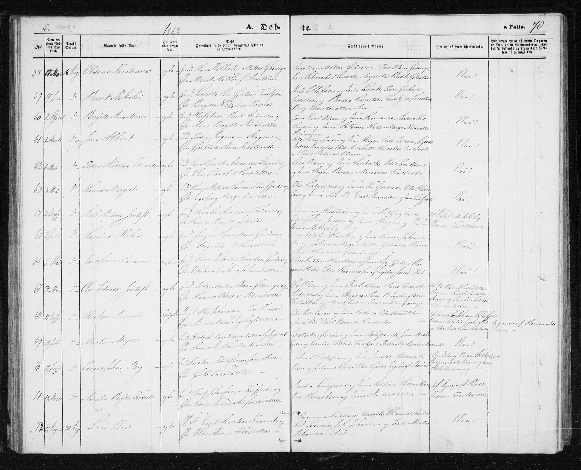 Lenvik sokneprestembete, AV/SATØ-S-1310/H/Ha/Hab/L0004klokker: Parish register (copy) no. 4, 1859-1869, p. 78