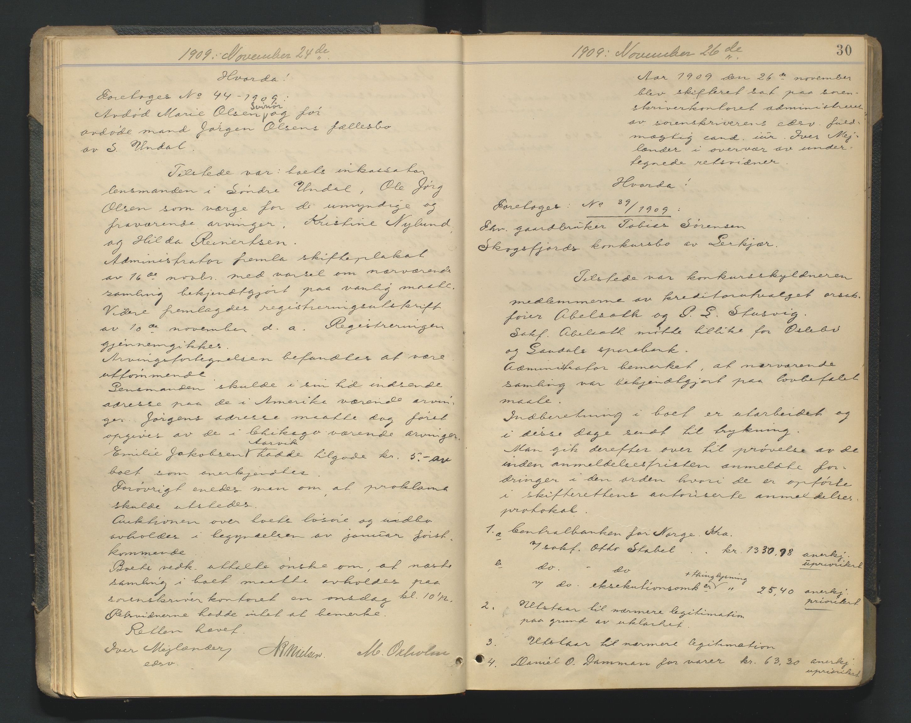 Mandal sorenskriveri, AV/SAK-1221-0005/001/H/Hc/L0081: Skifteforhandlingsprotokoll nr 13, 1909-1913, p. 30