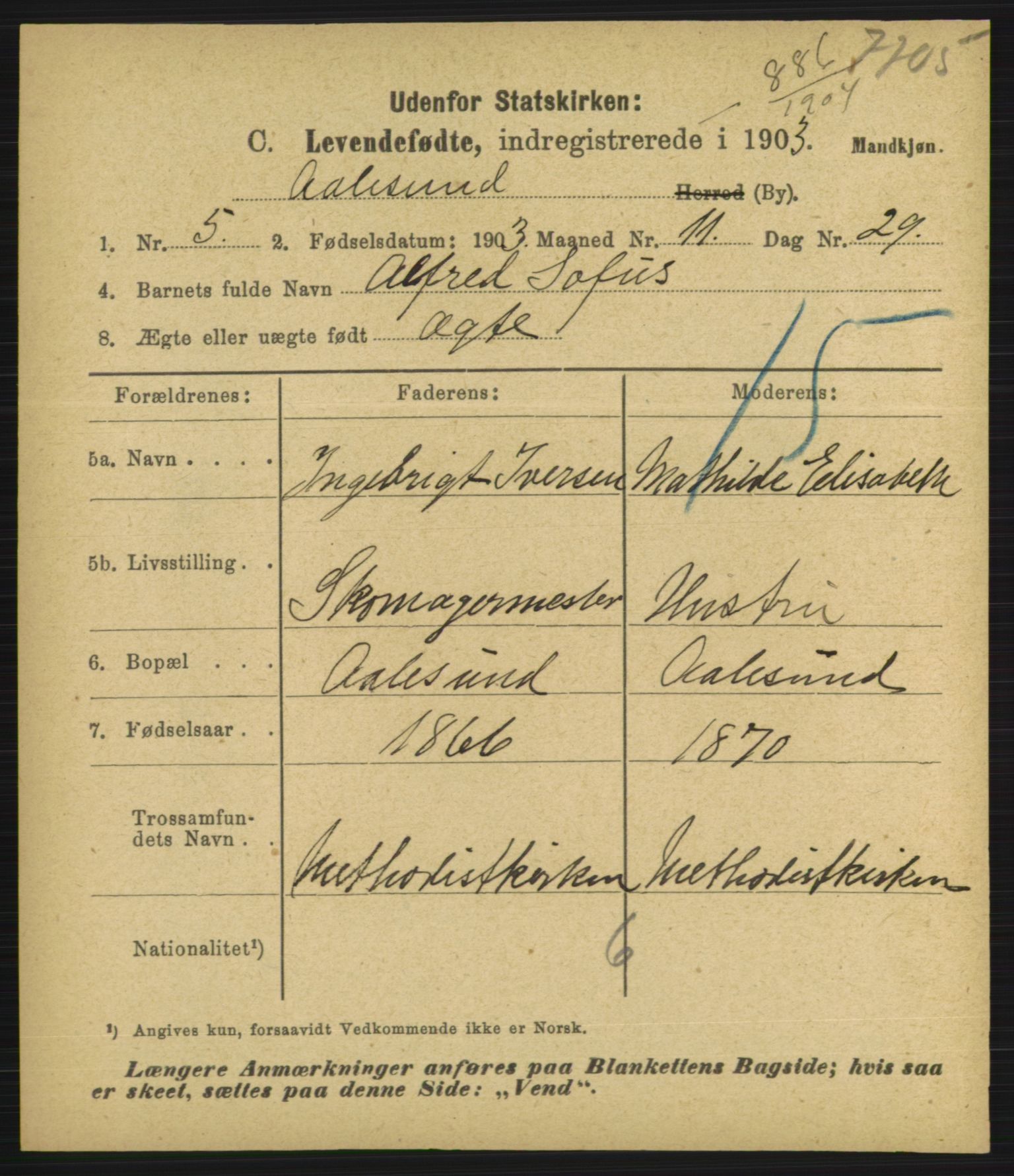 Statistisk sentralbyrå, Sosiodemografiske emner, Befolkning, AV/RA-S-2228/D/Df/Dfa/Dfaa/L0016: Romsdal amt: Fødte, gifte, døde., 1903, p. 475