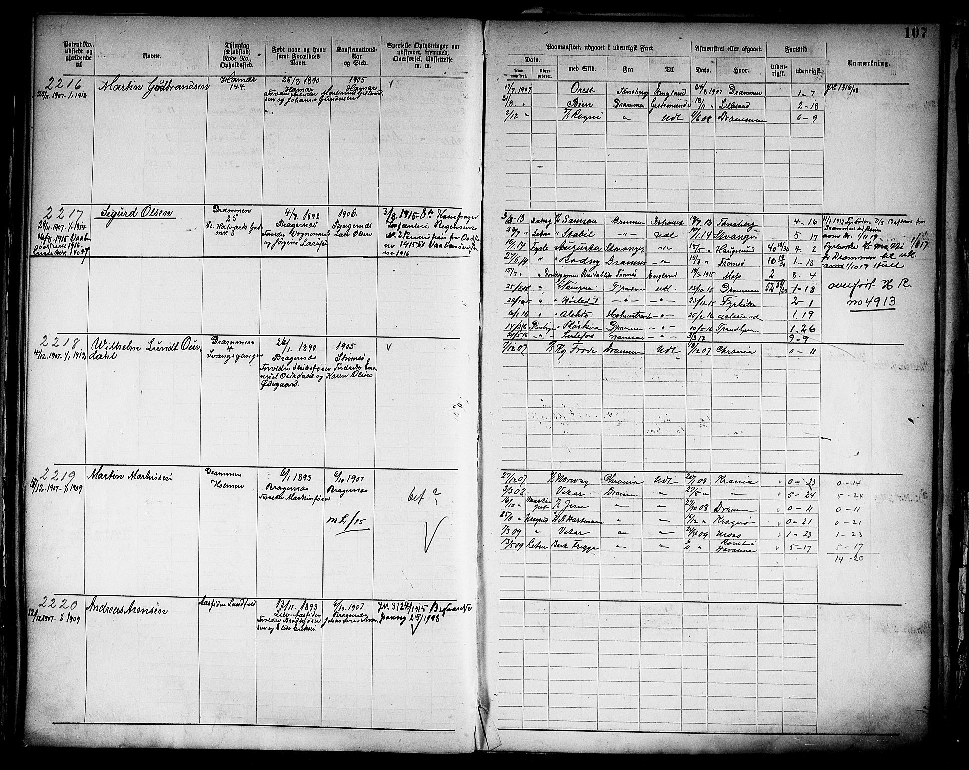 Drammen innrulleringsdistrikt, AV/SAKO-A-781/F/Fb/L0006: Annotasjonsrulle, 1905-1911, p. 109