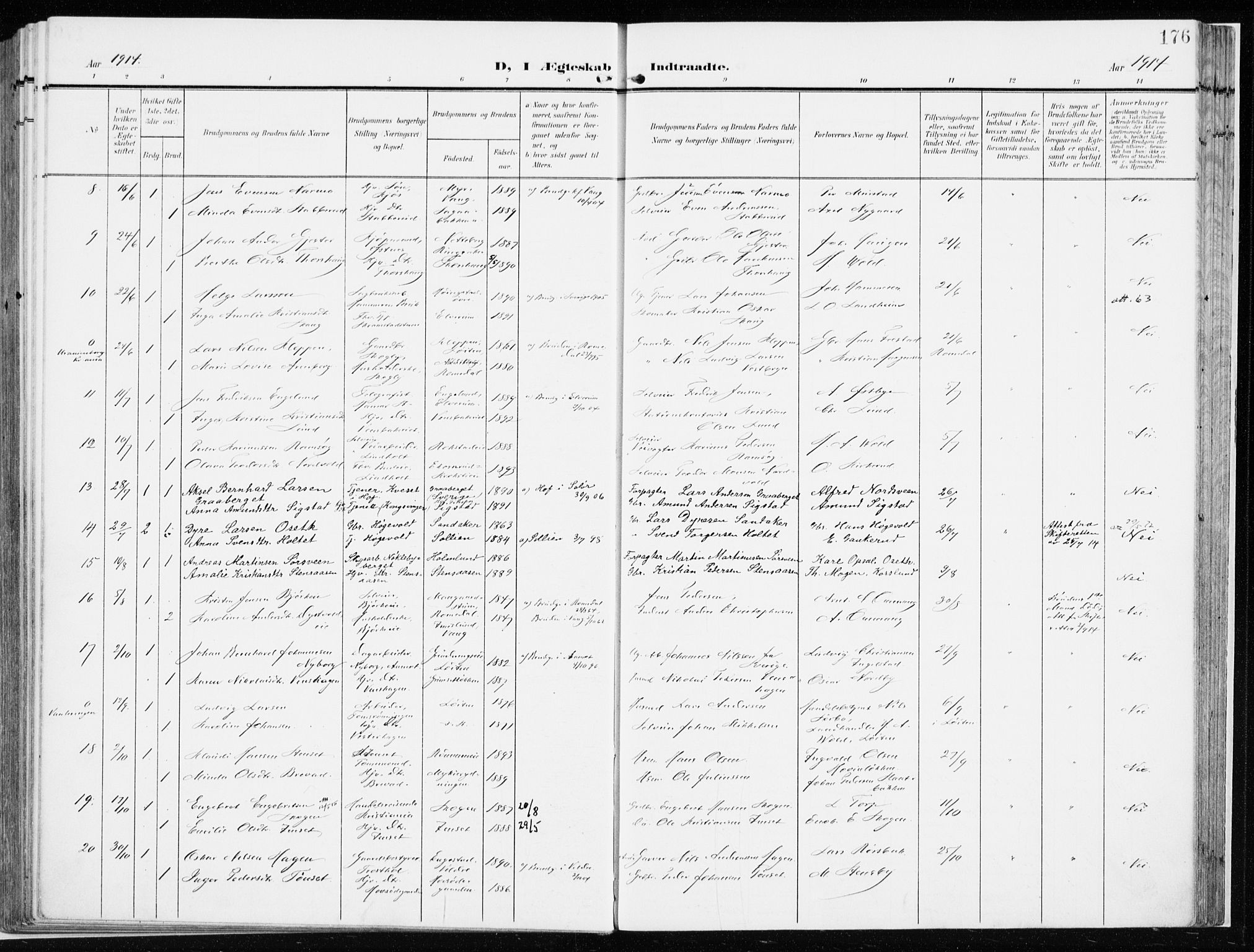 Løten prestekontor, AV/SAH-PREST-022/K/Ka/L0011: Parish register (official) no. 11, 1908-1917, p. 176