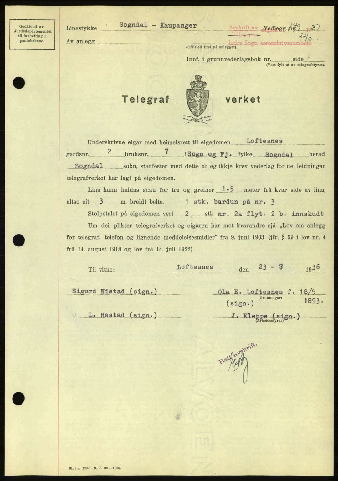 Indre Sogn tingrett, AV/SAB-A-3301/1/G/Gb/Gbb/L0001: Mortgage book no. A1, 1937-1938, Diary no: : 799/1937
