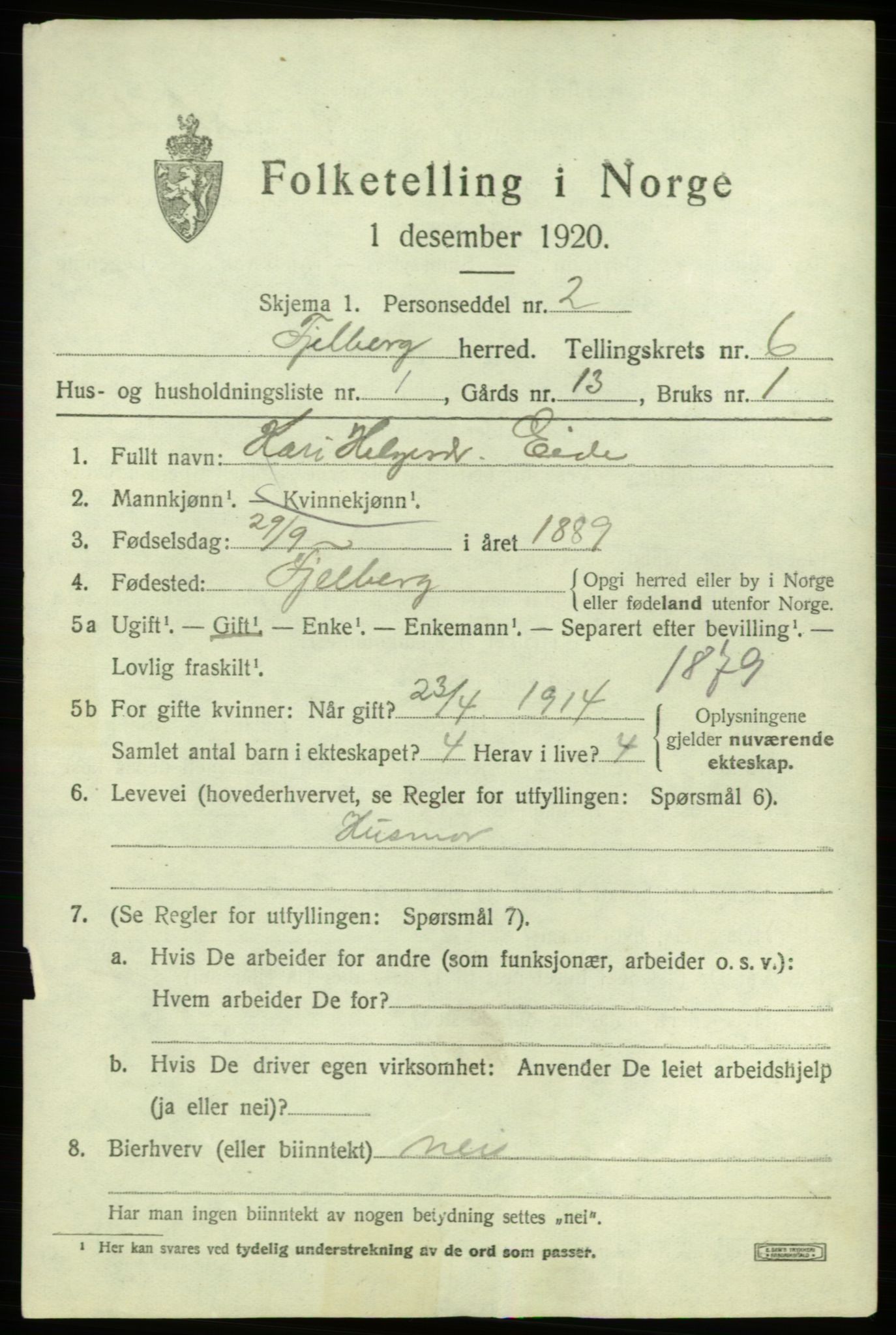 SAB, 1920 census for Fjelberg, 1920, p. 2183