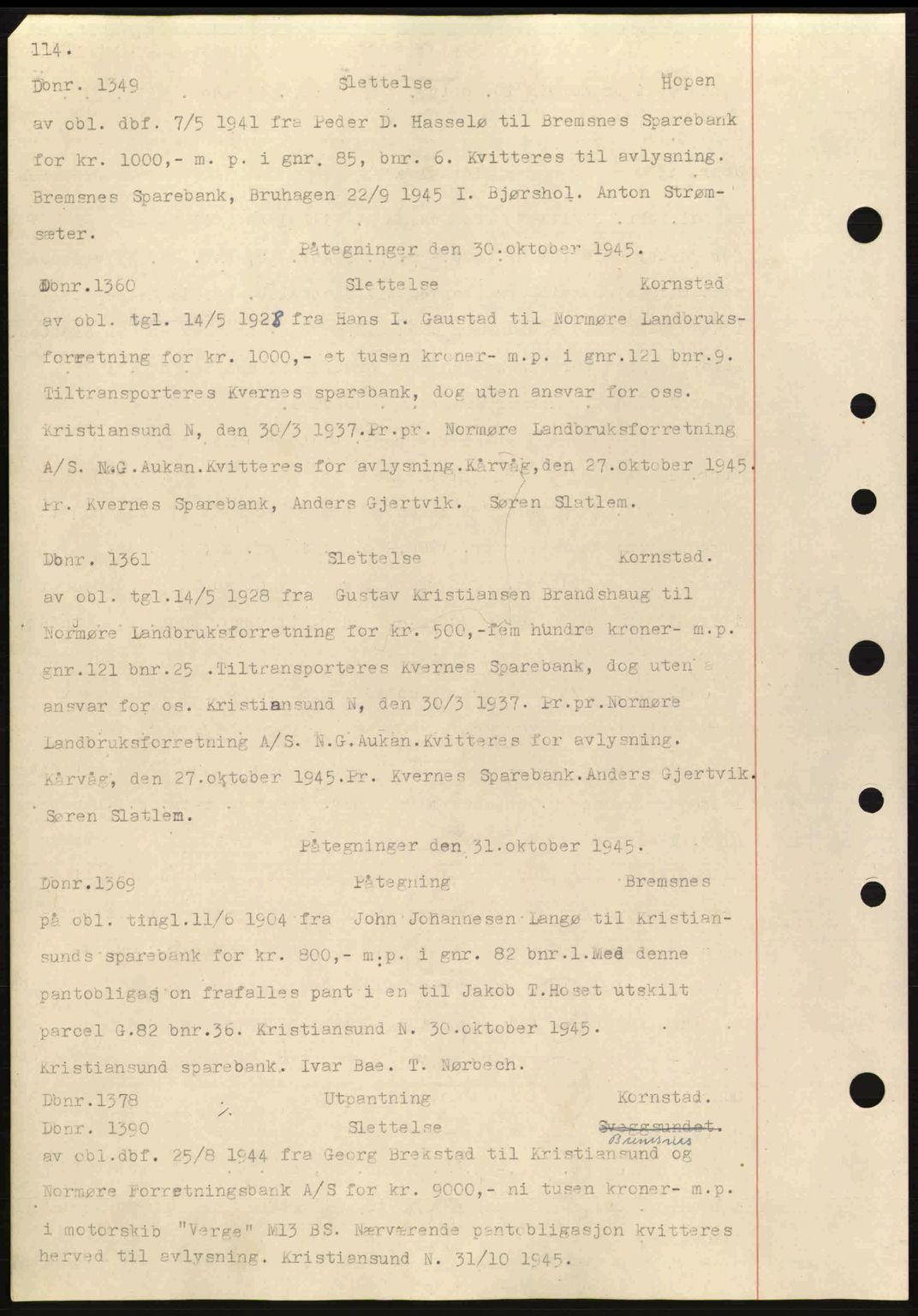 Nordmøre sorenskriveri, AV/SAT-A-4132/1/2/2Ca: Mortgage book no. C82a, 1945-1946, Diary no: : 1349/1945