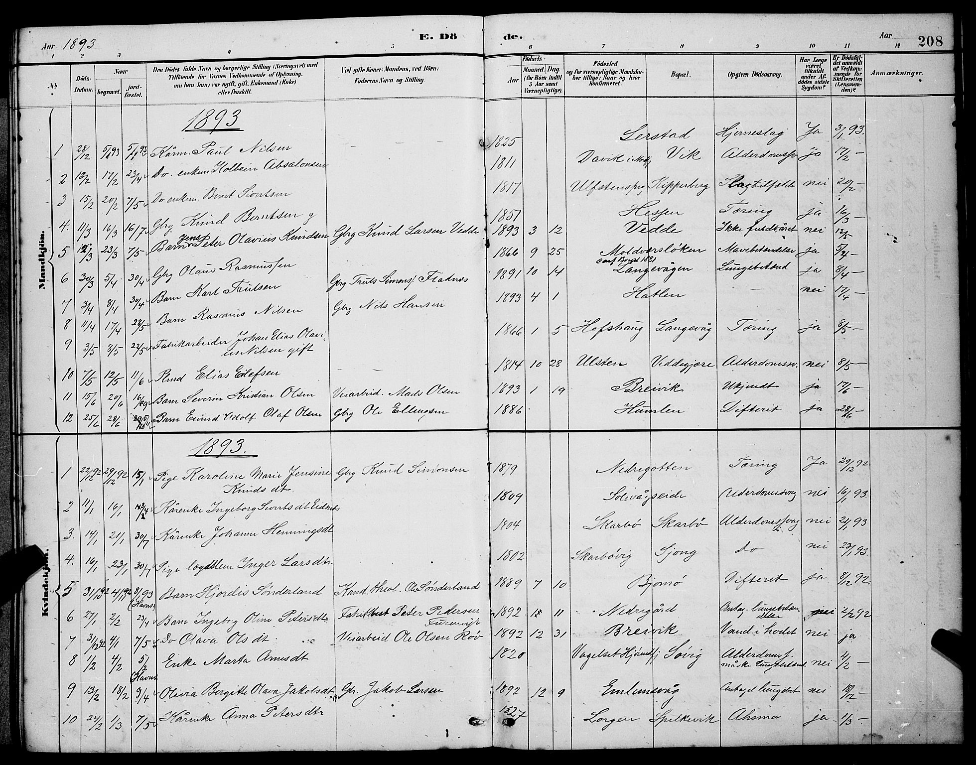 Ministerialprotokoller, klokkerbøker og fødselsregistre - Møre og Romsdal, SAT/A-1454/528/L0430: Parish register (copy) no. 528C11, 1884-1899, p. 208