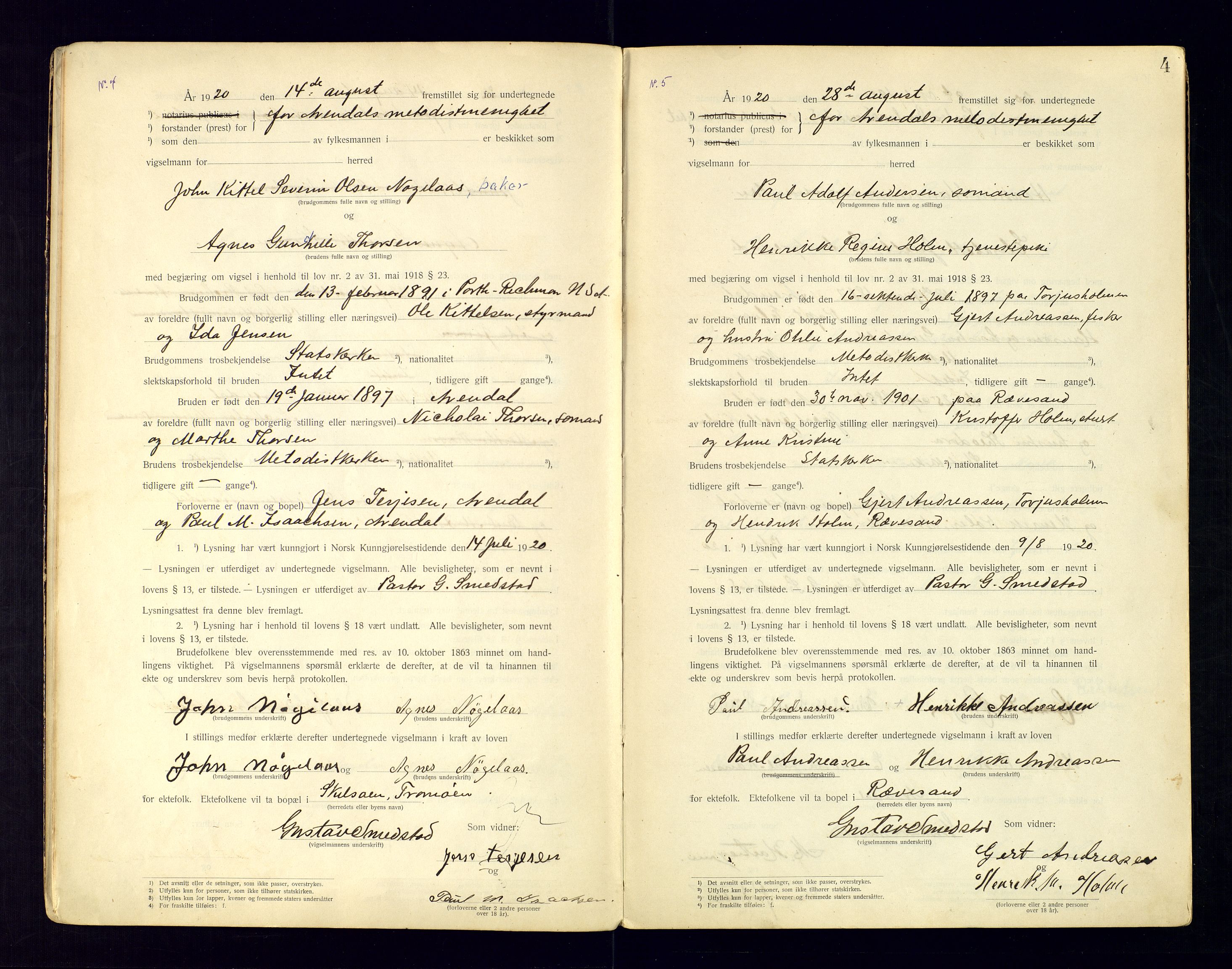 Metodistmenigheten, Arendal, AV/SAK-1292-0011/F/Fc/L0001/0002: Marriage register (dissenter) no. 1.2, 1920-1970, p. 4