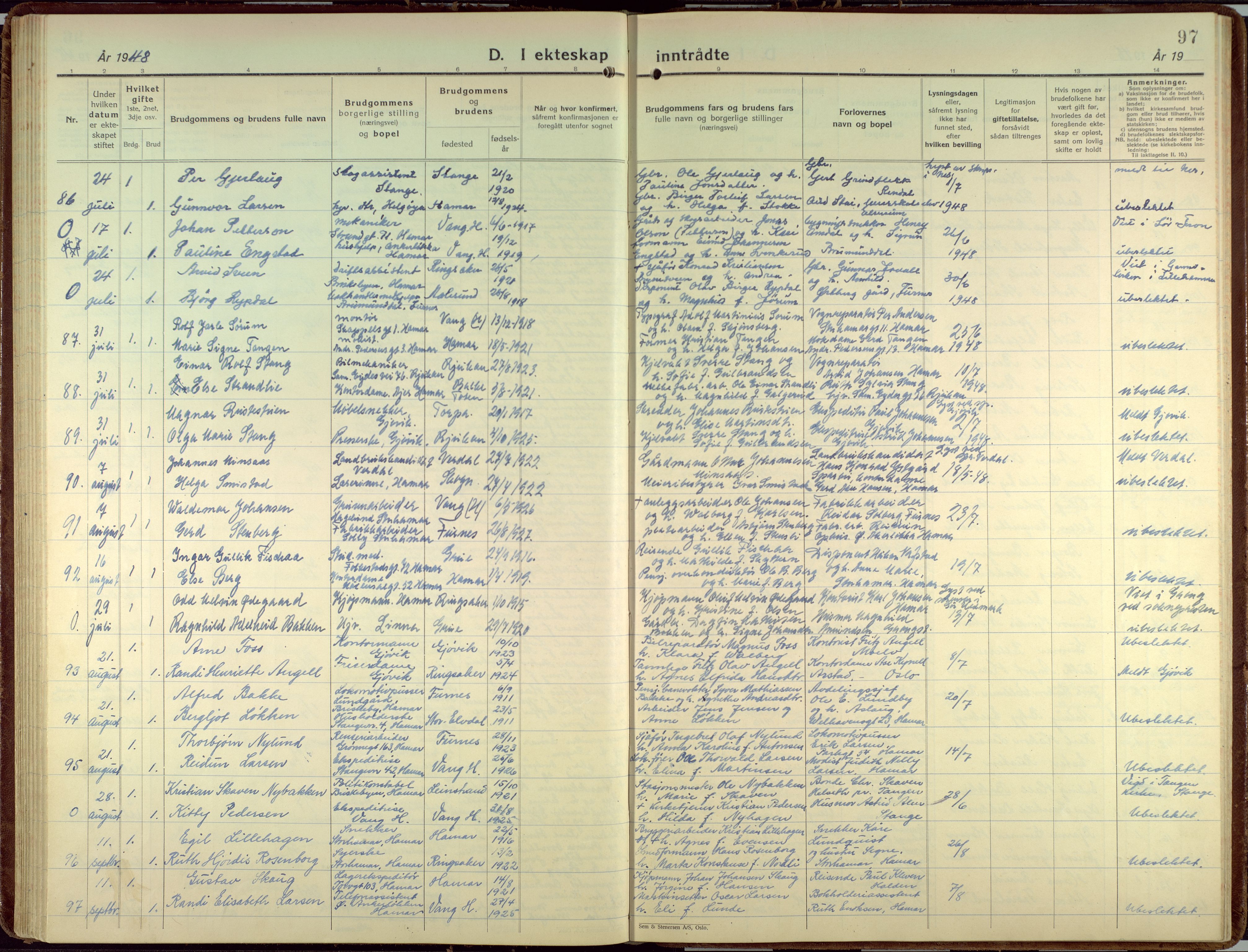 Hamar prestekontor, AV/SAH-DOMPH-002/H/Ha/Haa/L0006: Parish register (official) no. 6, 1931-1953, p. 97