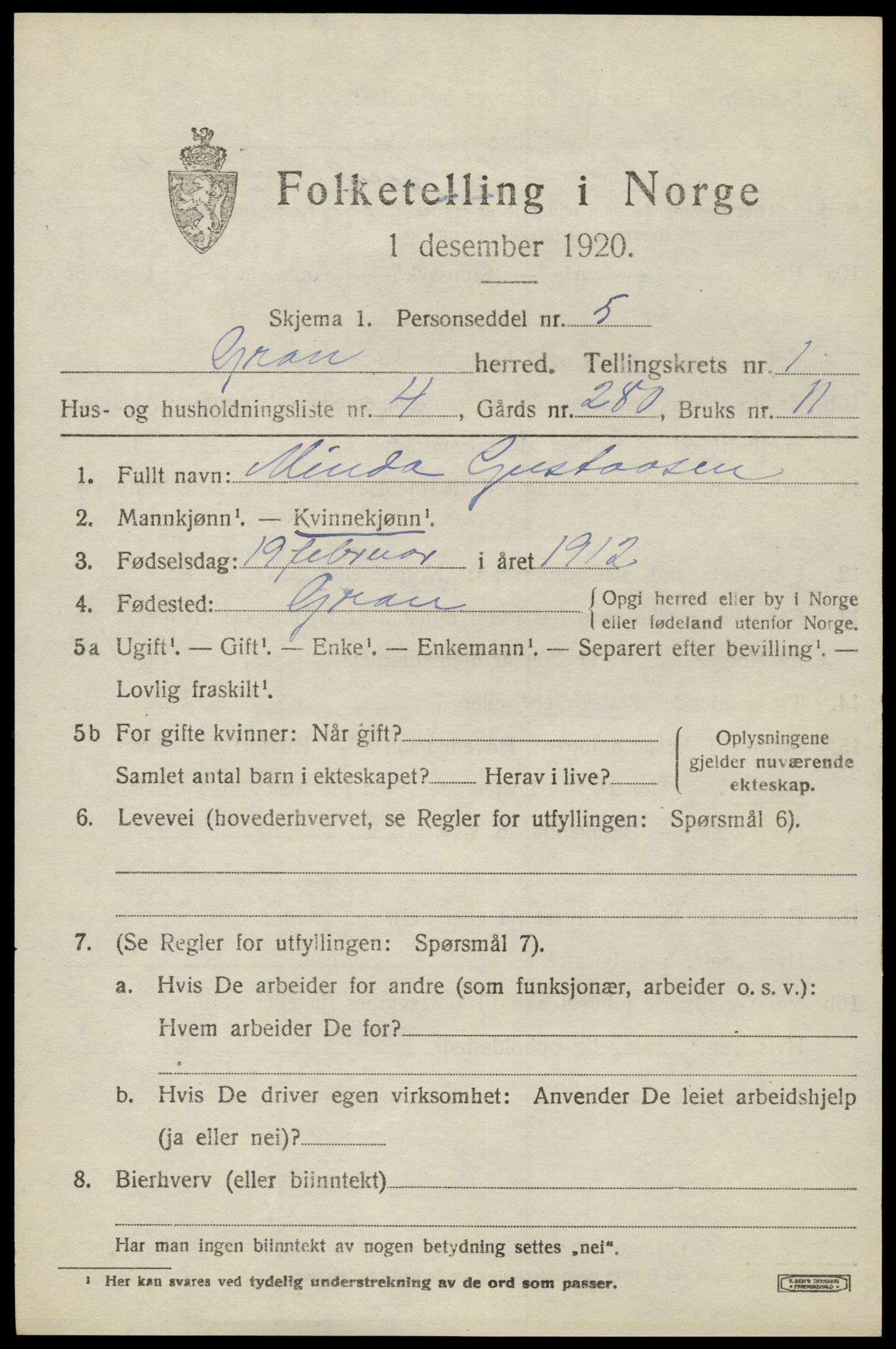 SAH, 1920 census for Gran, 1920, p. 1720