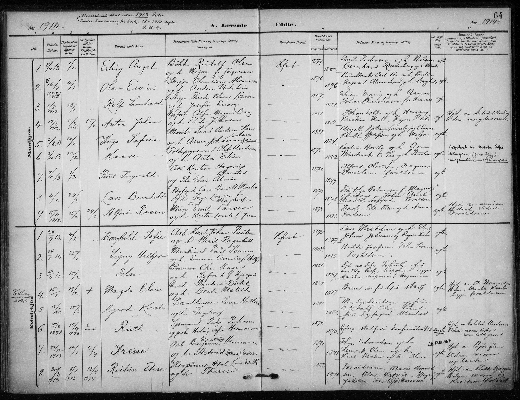 Hammerfest sokneprestkontor, SATØ/S-1347/H/Ha/L0014.kirke: Parish register (official) no. 14, 1906-1916, p. 64