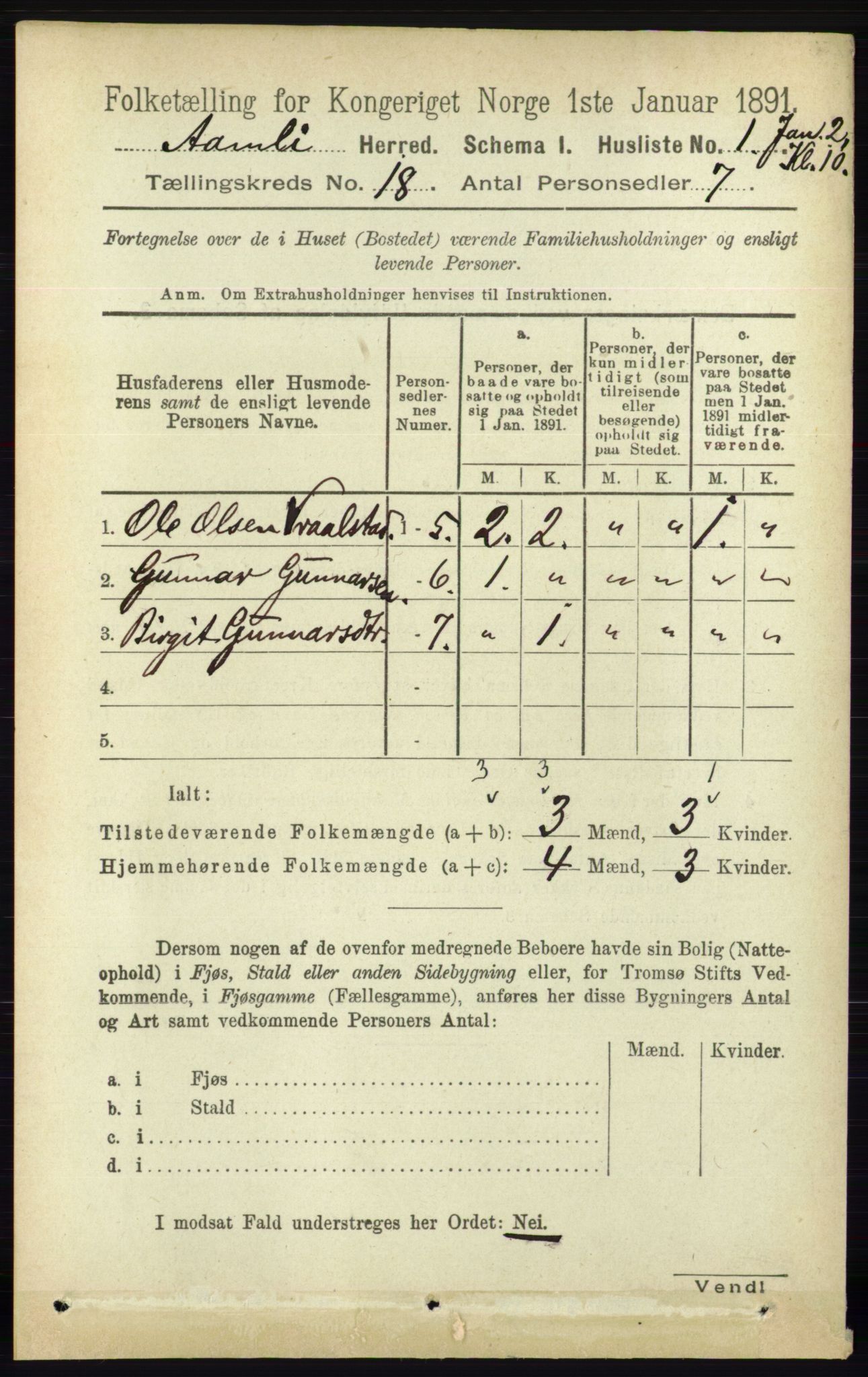 RA, 1891 census for 0929 Åmli, 1891, p. 2983