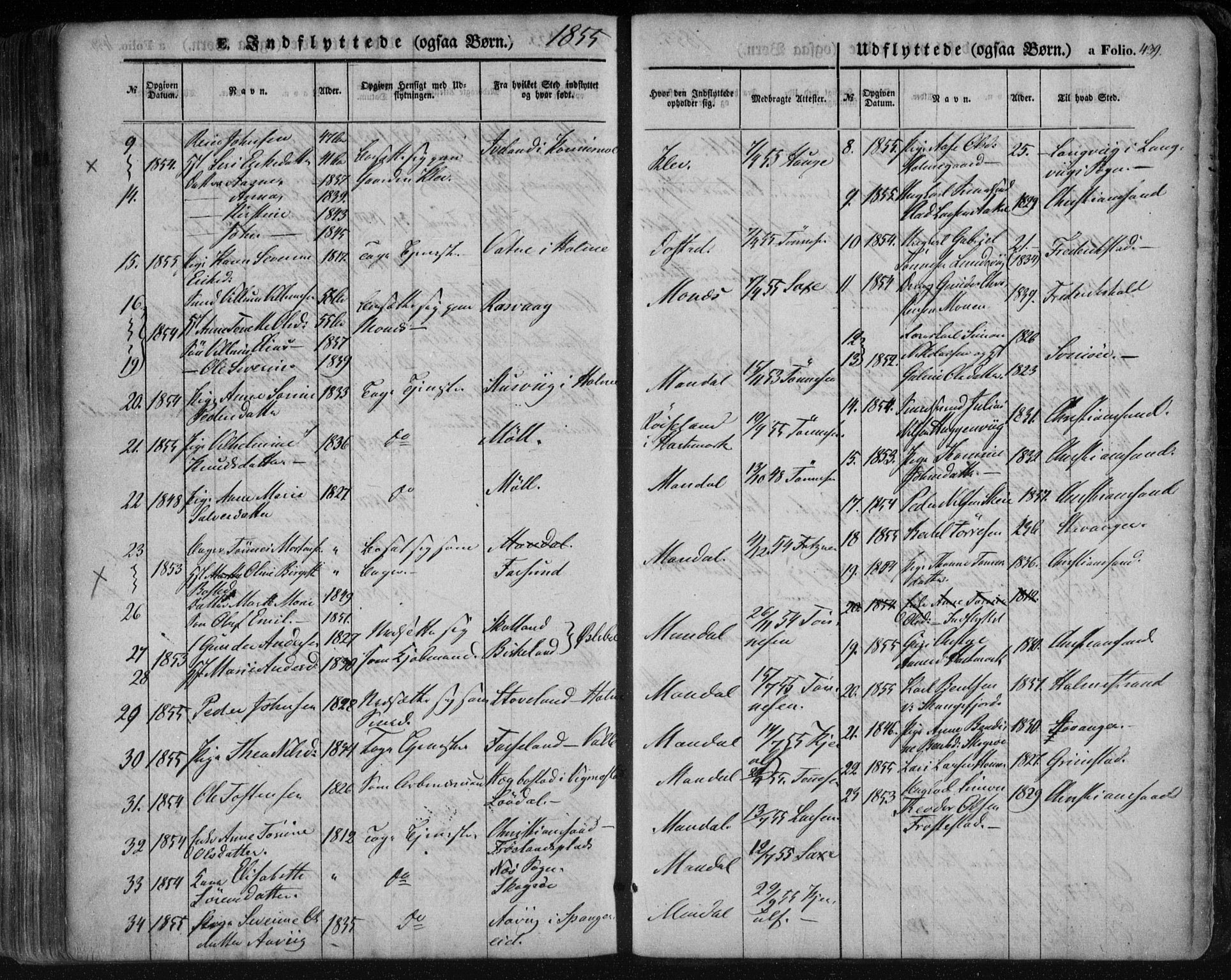 Mandal sokneprestkontor, SAK/1111-0030/F/Fa/Faa/L0013: Parish register (official) no. A 13, 1847-1859, p. 439