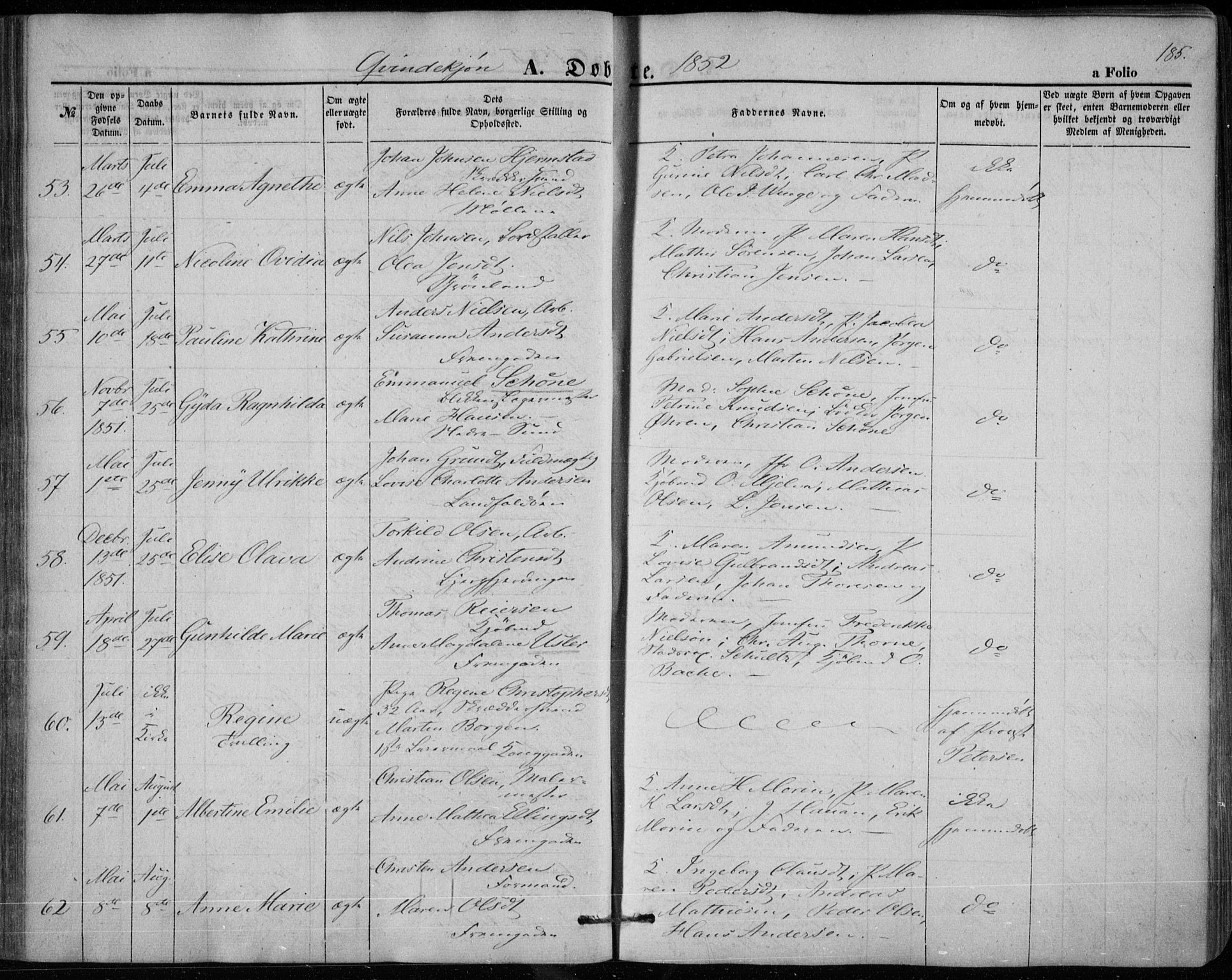 Bragernes kirkebøker, SAKO/A-6/F/Fb/L0002: Parish register (official) no. II 2, 1848-1859, p. 185