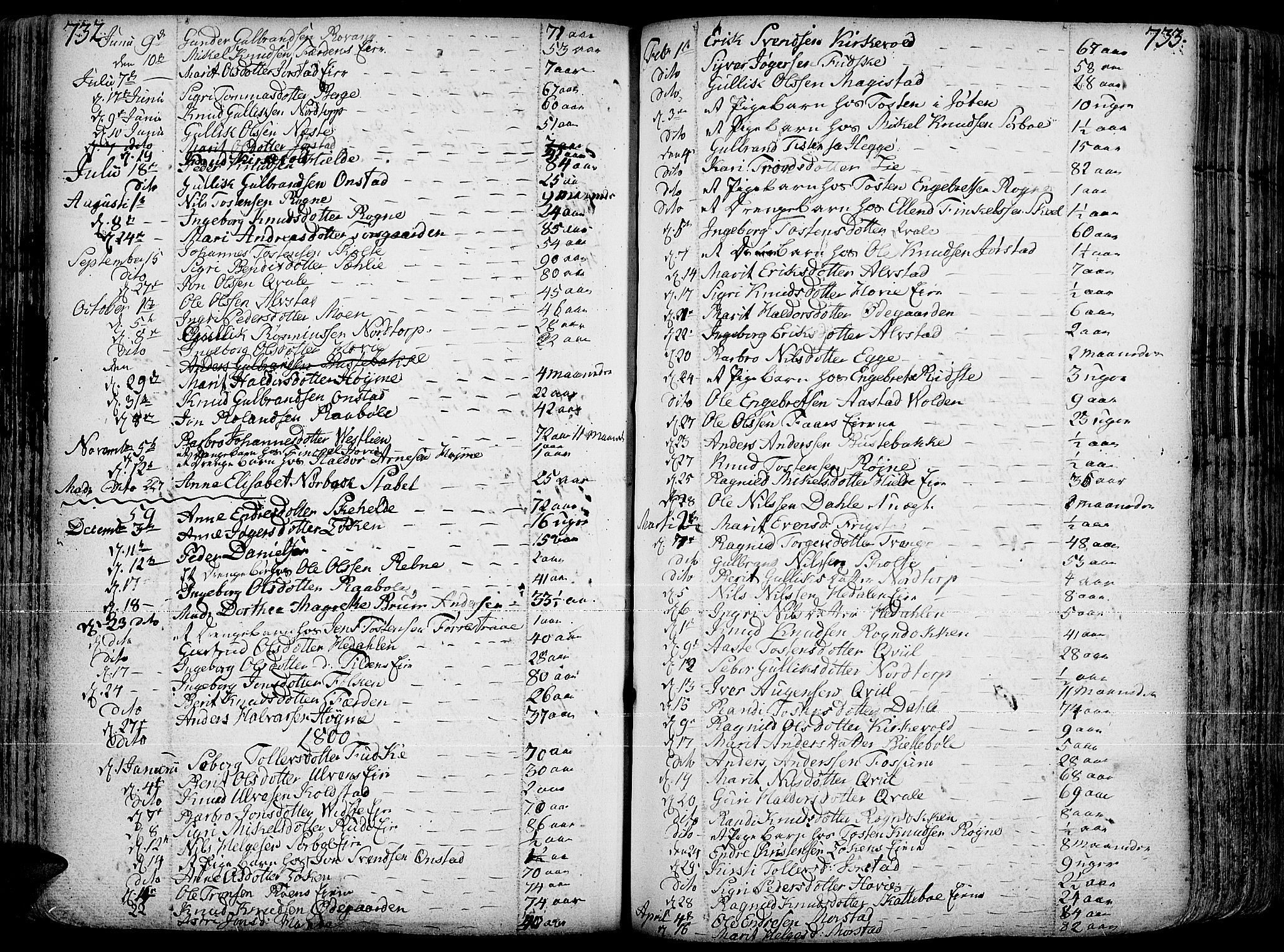 Slidre prestekontor, AV/SAH-PREST-134/H/Ha/Haa/L0001: Parish register (official) no. 1, 1724-1814, p. 732-733