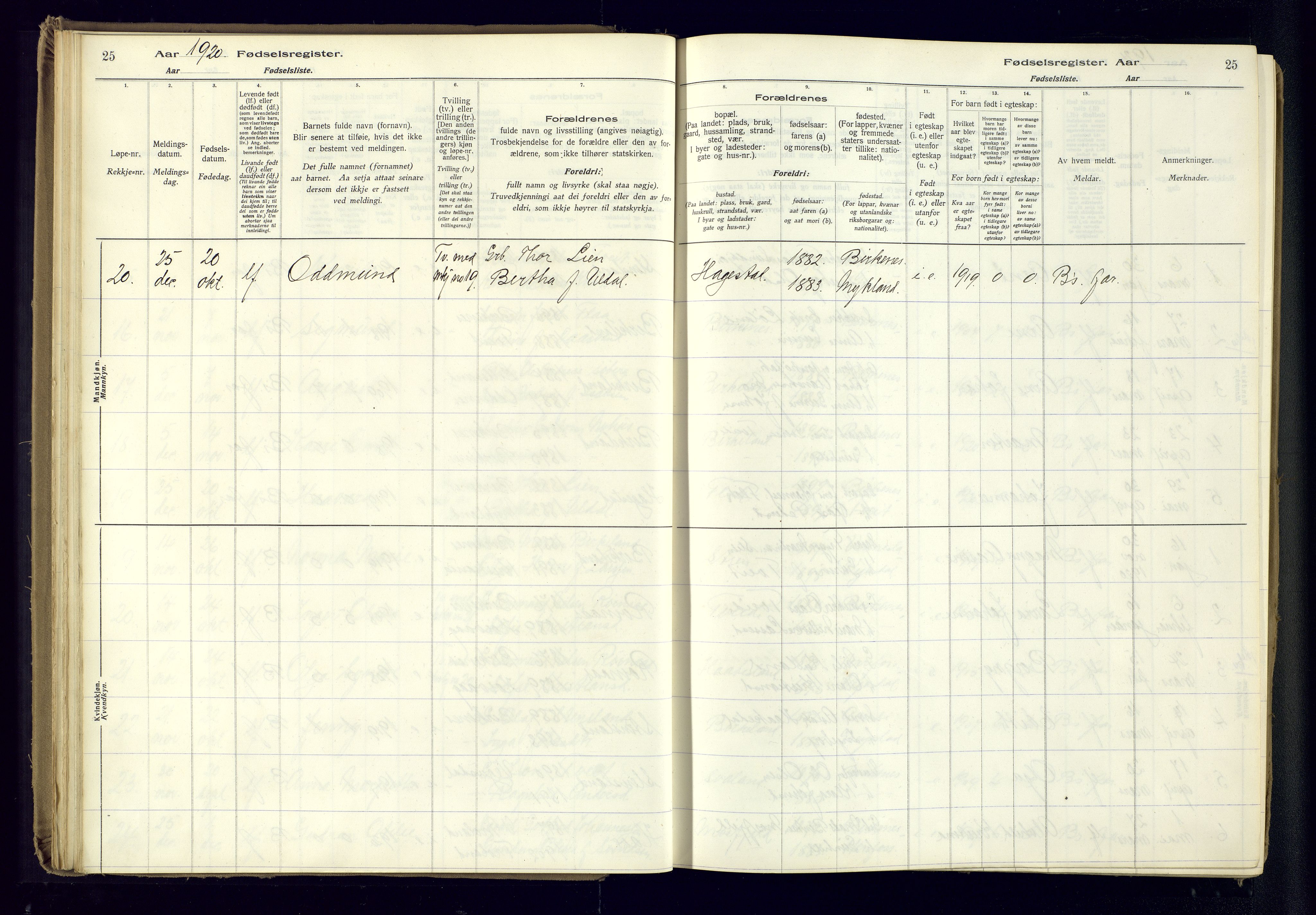 Birkenes sokneprestkontor, AV/SAK-1111-0004/J/Ja/L0001: Birth register no. II.6.4, 1916-1962, p. 25