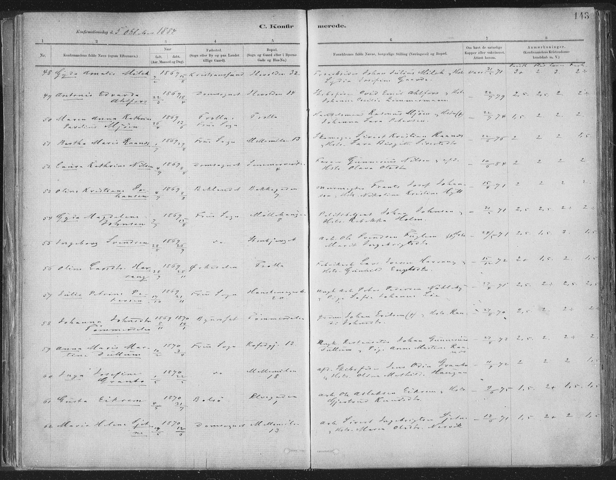 Ministerialprotokoller, klokkerbøker og fødselsregistre - Sør-Trøndelag, SAT/A-1456/603/L0162: Parish register (official) no. 603A01, 1879-1895, p. 143