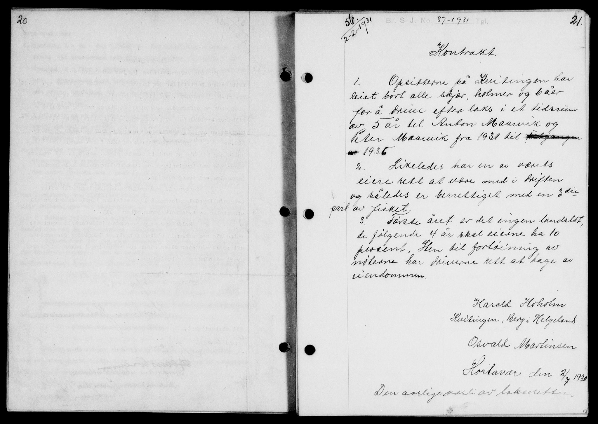 Brønnøy sorenskriveri, SAT/A-4170/1/2/2C/L0009: Mortgage book no. 9, 1931-1932, p. 20-21, Deed date: 02.02.1931