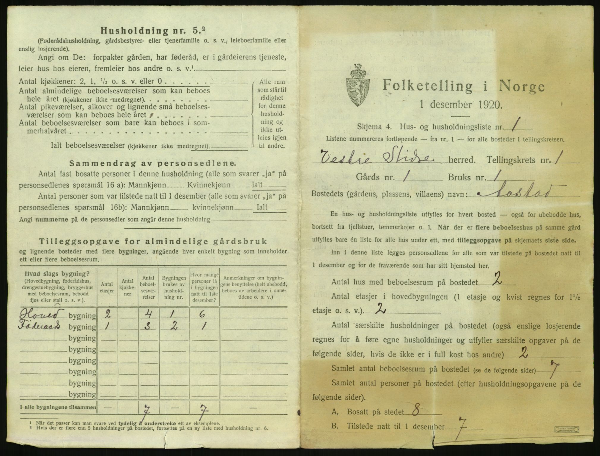 SAH, 1920 census for Vestre Slidre, 1920, p. 52