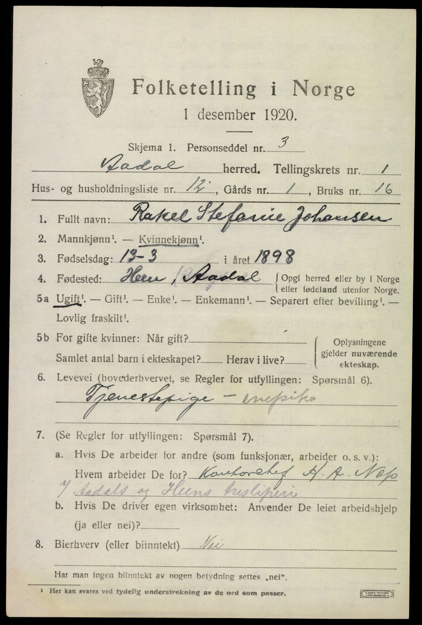 SAKO, 1920 census for Ådal, 1920, p. 1352