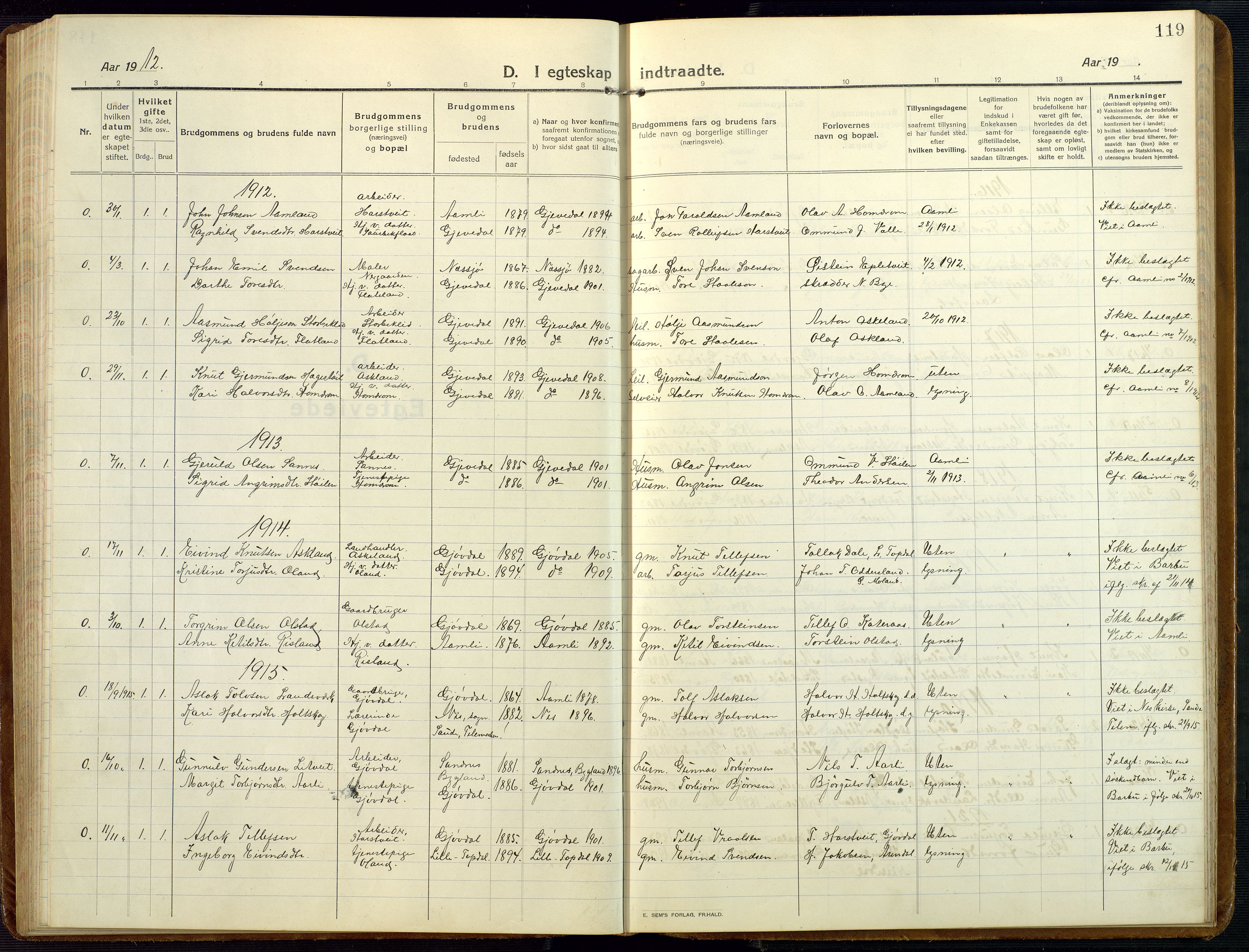Åmli sokneprestkontor, AV/SAK-1111-0050/F/Fb/Fba/L0003: Parish register (copy) no. B 3, 1912-1974, p. 119