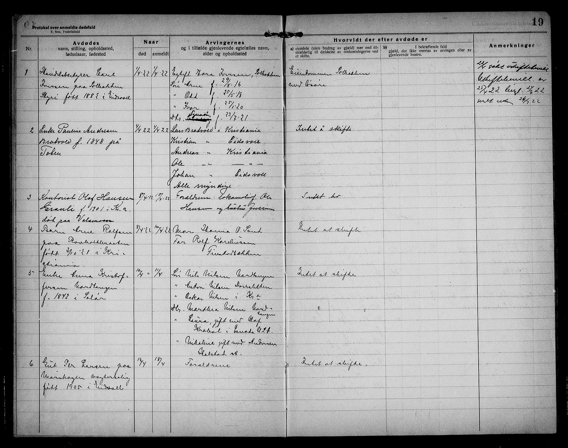 Eidsvoll lensmannskontor, AV/SAO-A-10266a/H/Ha/Haa/L0005: Dødsfallprotokoll, 1921-1930, p. 19