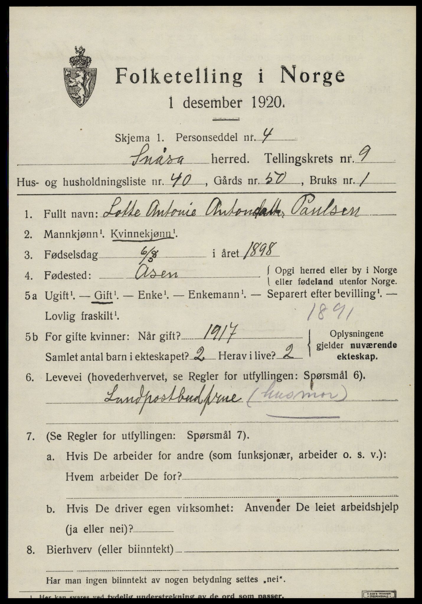 SAT, 1920 census for Snåsa, 1920, p. 4126