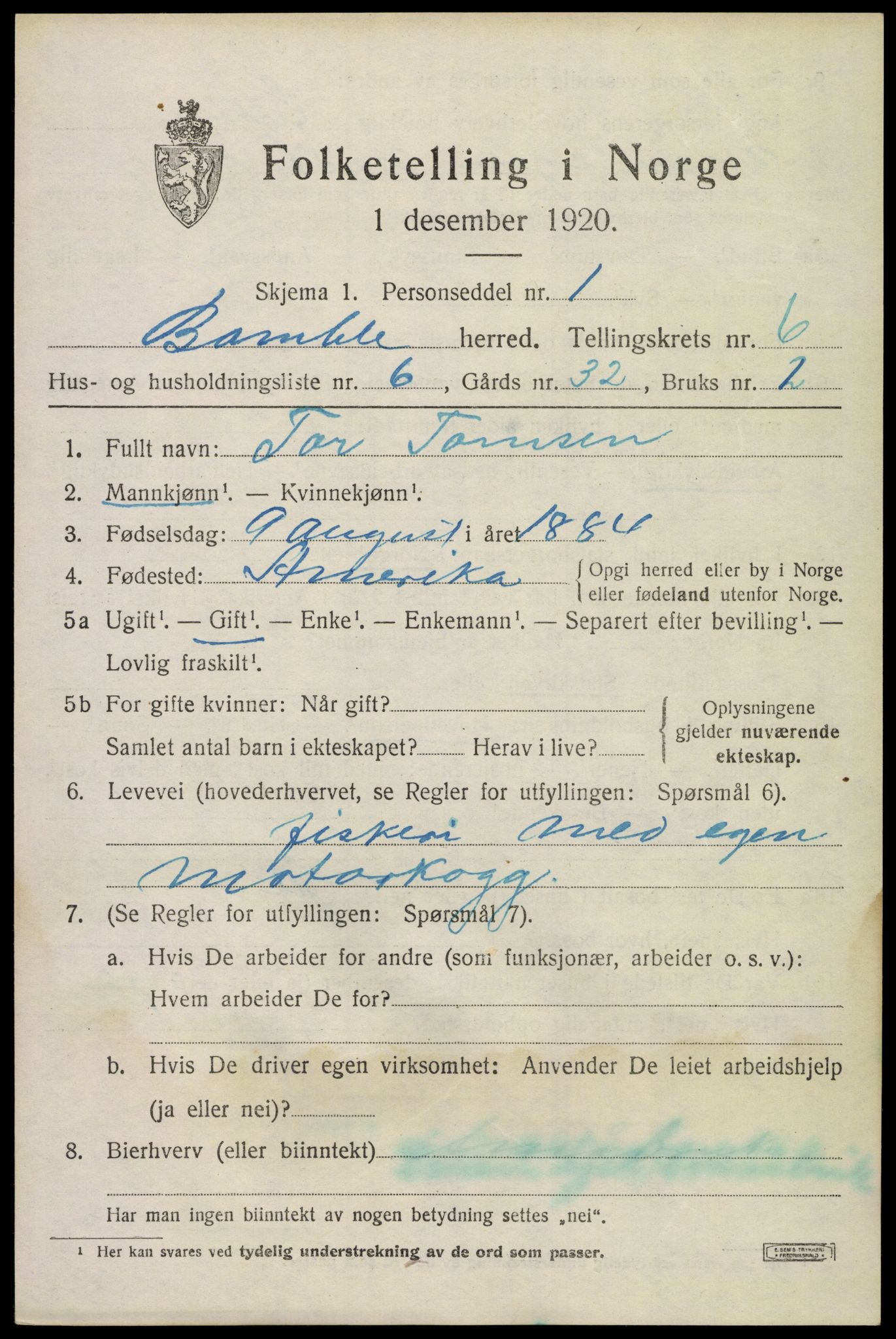 SAKO, 1920 census for Bamble, 1920, p. 5931