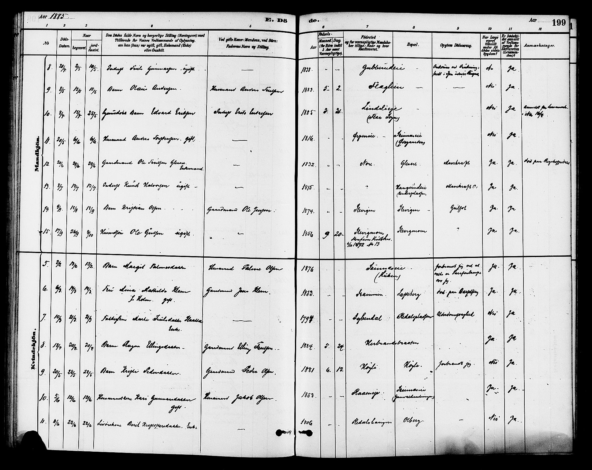 Krødsherad kirkebøker, SAKO/A-19/G/Ga/L0001: Parish register (copy) no. 1, 1879-1893, p. 199