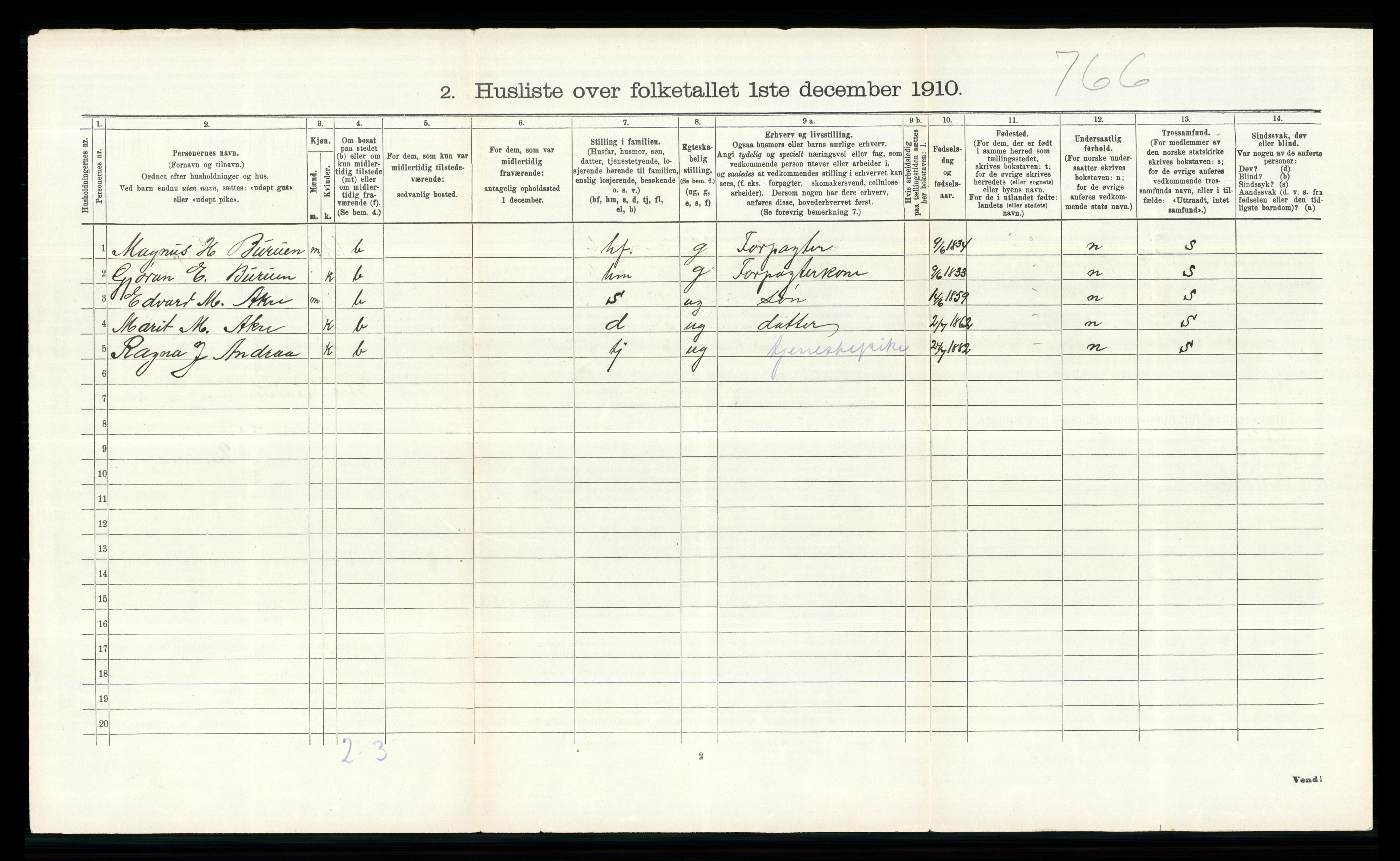 RA, 1910 census for Ytre Rendal, 1910, p. 288