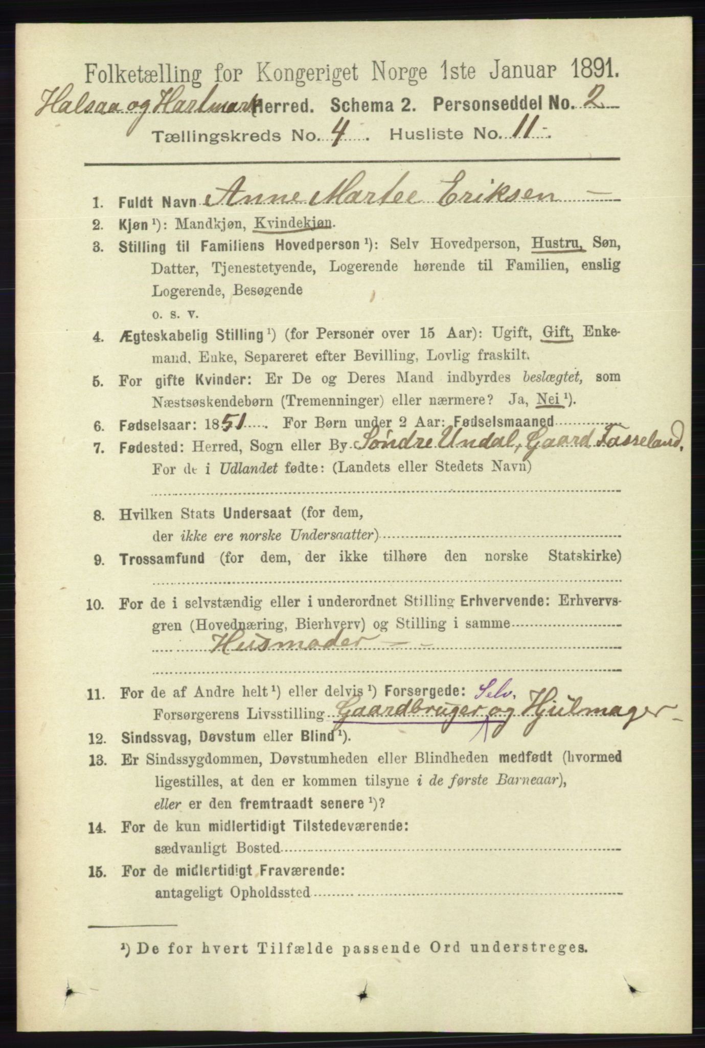 RA, 1891 census for 1019 Halse og Harkmark, 1891, p. 1554