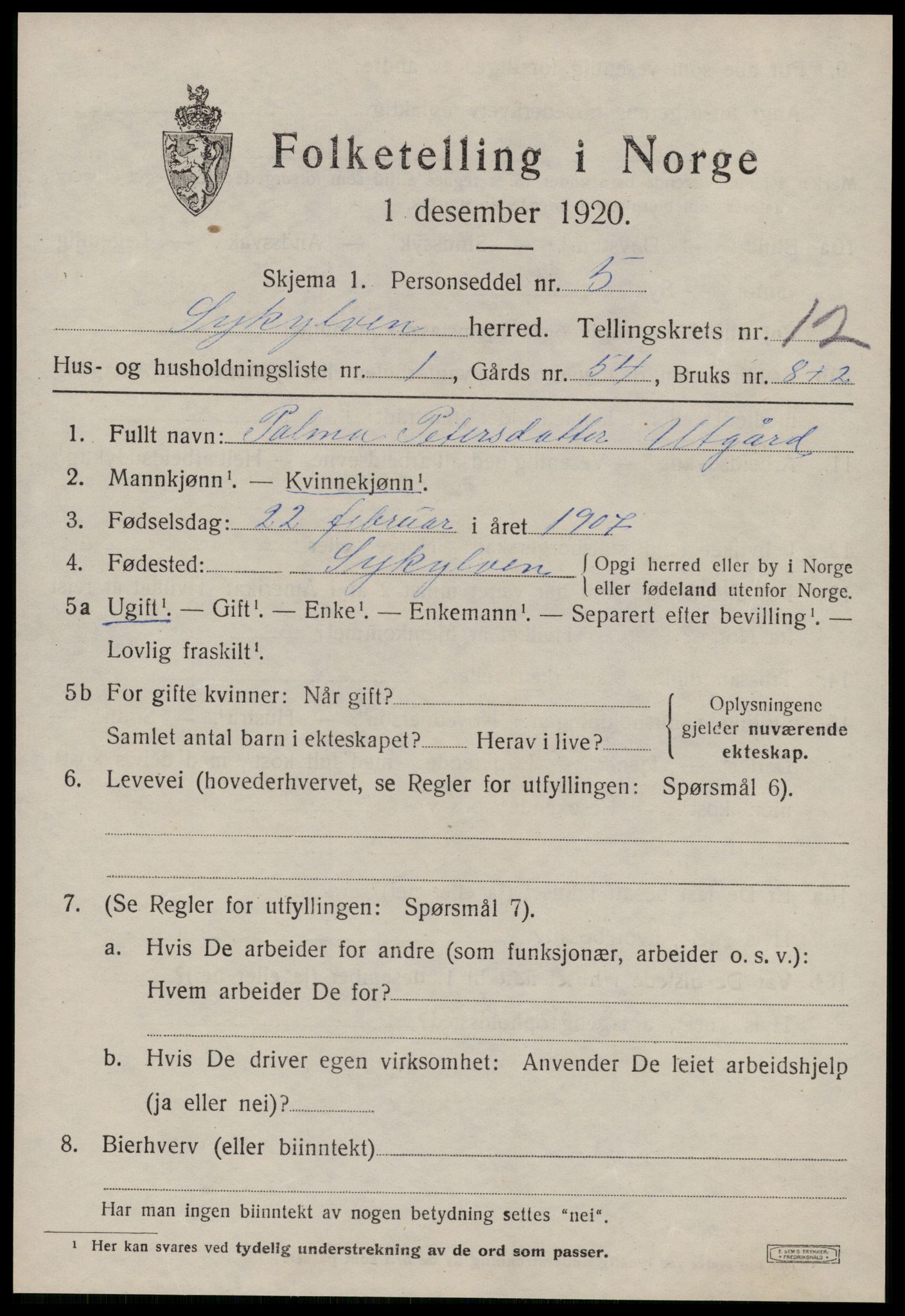 SAT, 1920 census for Sykkylven, 1920, p. 5693