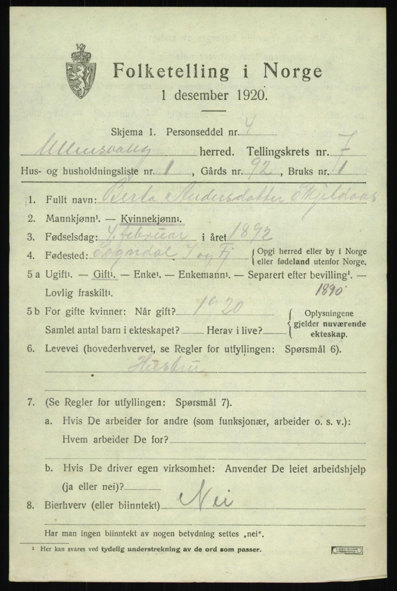 SAB, 1920 census for Ullensvang, 1920, p. 4464