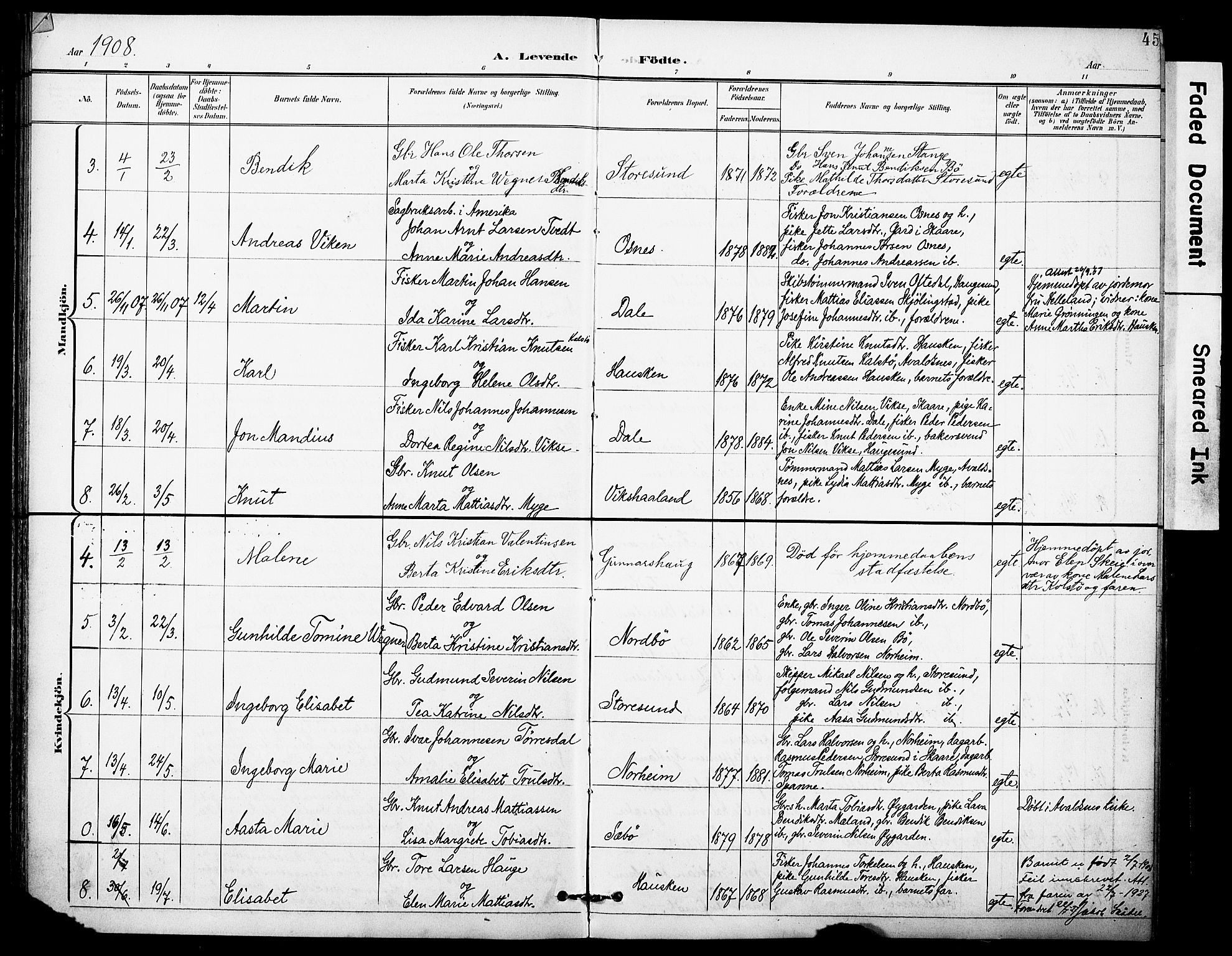 Torvastad sokneprestkontor, AV/SAST-A -101857/H/Ha/Haa/L0017: Parish register (official) no. A 16, 1899-1911, p. 45