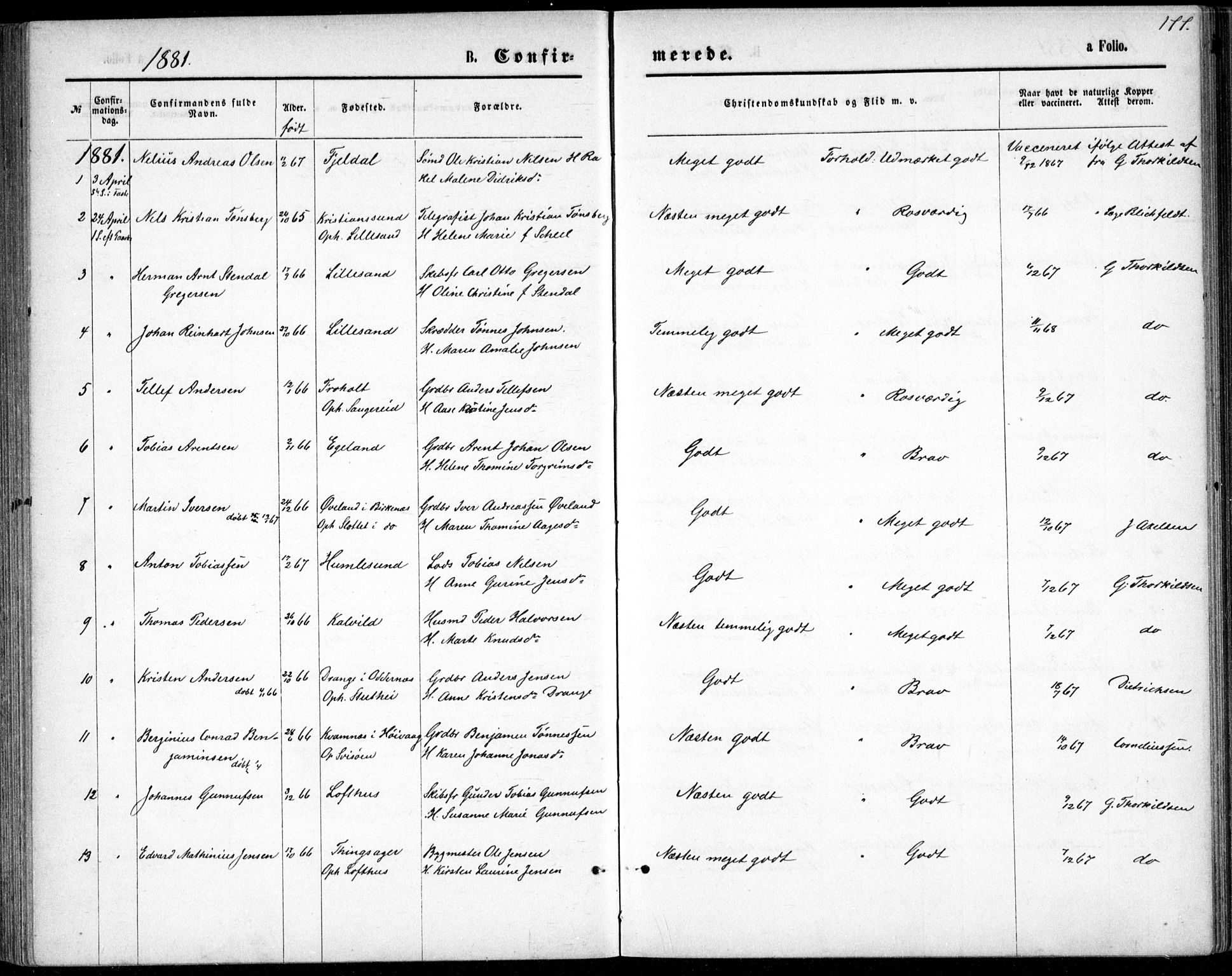 Vestre Moland sokneprestkontor, SAK/1111-0046/F/Fb/Fbb/L0005: Parish register (copy) no. B 5, 1872-1883, p. 177