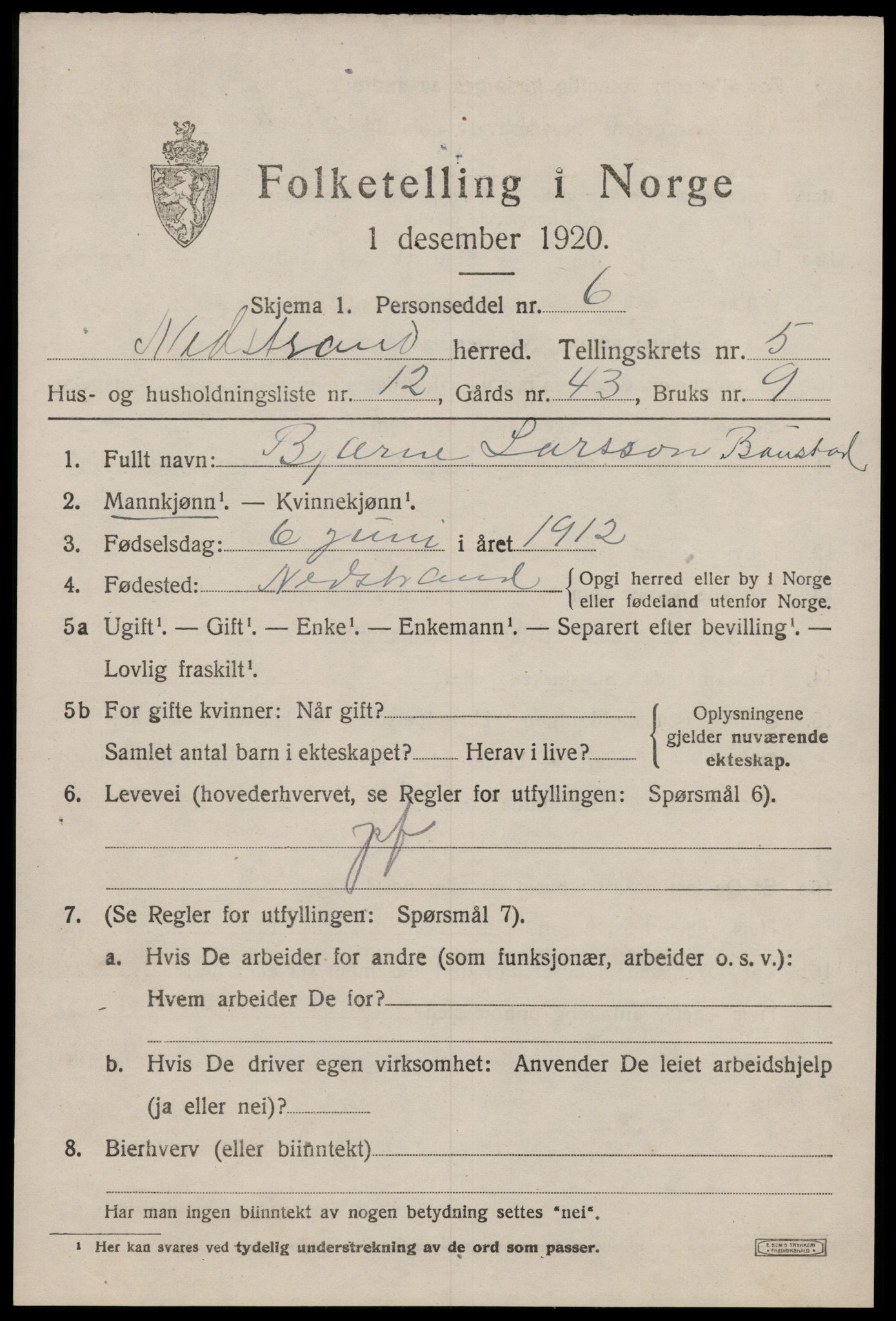 SAST, 1920 census for Nedstrand, 1920, p. 2405