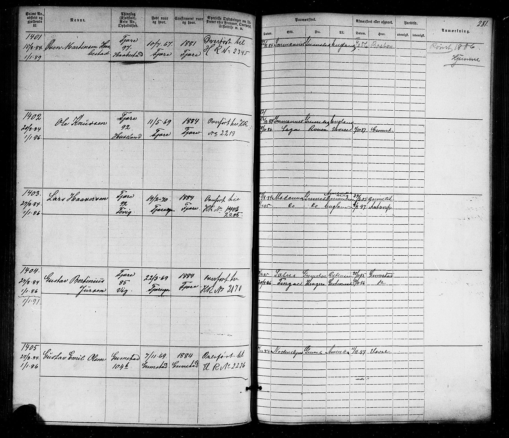 Grimstad mønstringskrets, SAK/2031-0013/F/Fa/L0005: Annotasjonsrulle nr 1-1910 med register, V-18, 1870-1892, p. 319