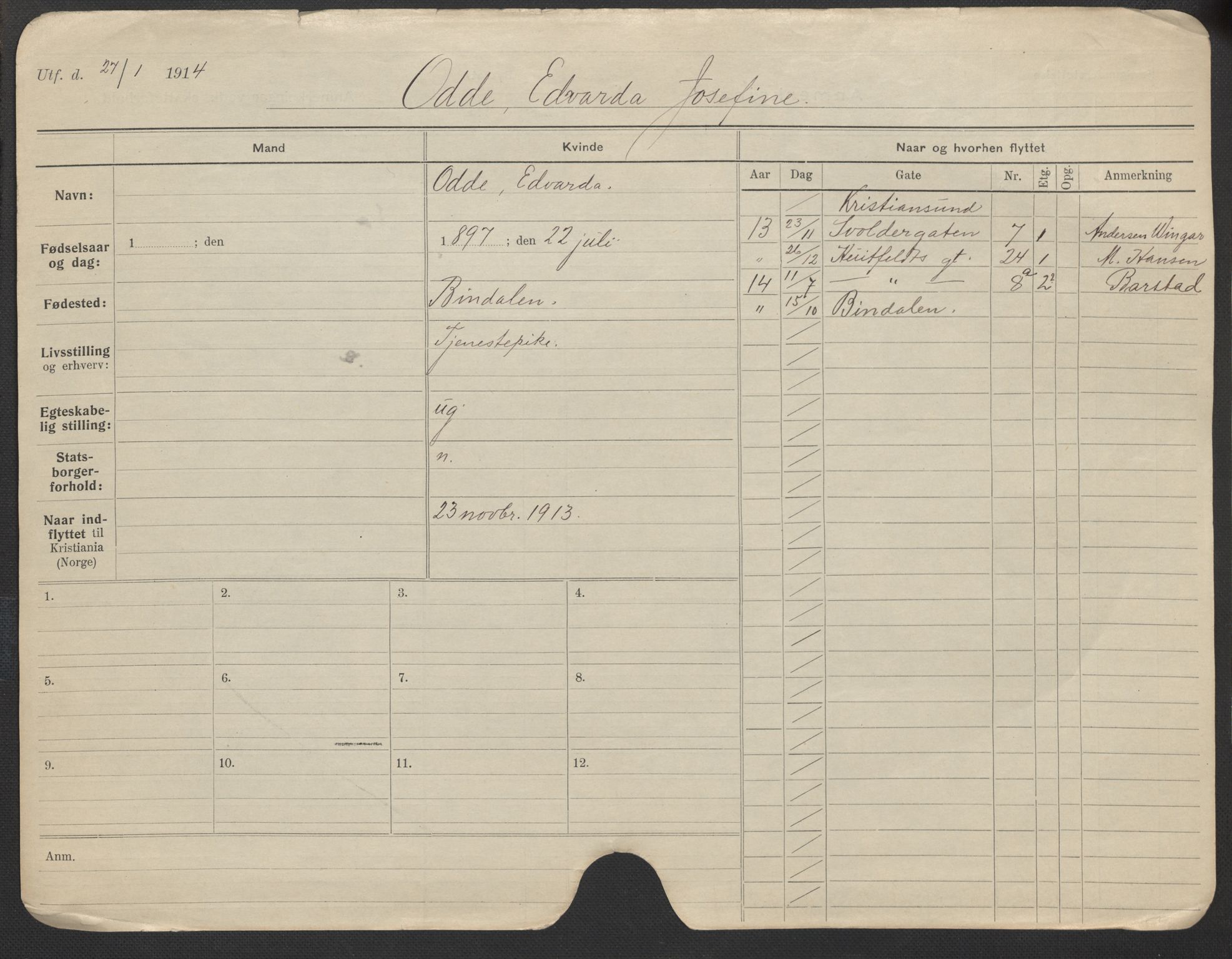 Oslo folkeregister, Registerkort, AV/SAO-A-11715/F/Fa/Fac/L0021: Kvinner, 1906-1914, p. 729a