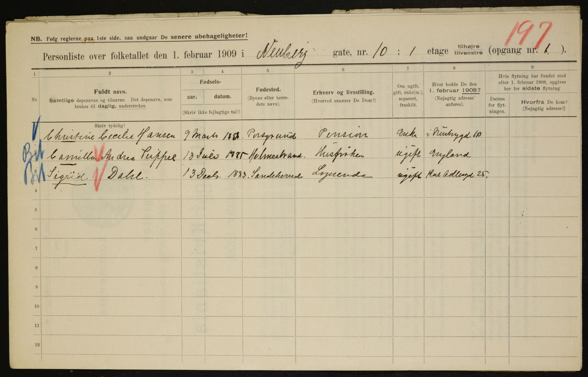 OBA, Municipal Census 1909 for Kristiania, 1909, p. 63419