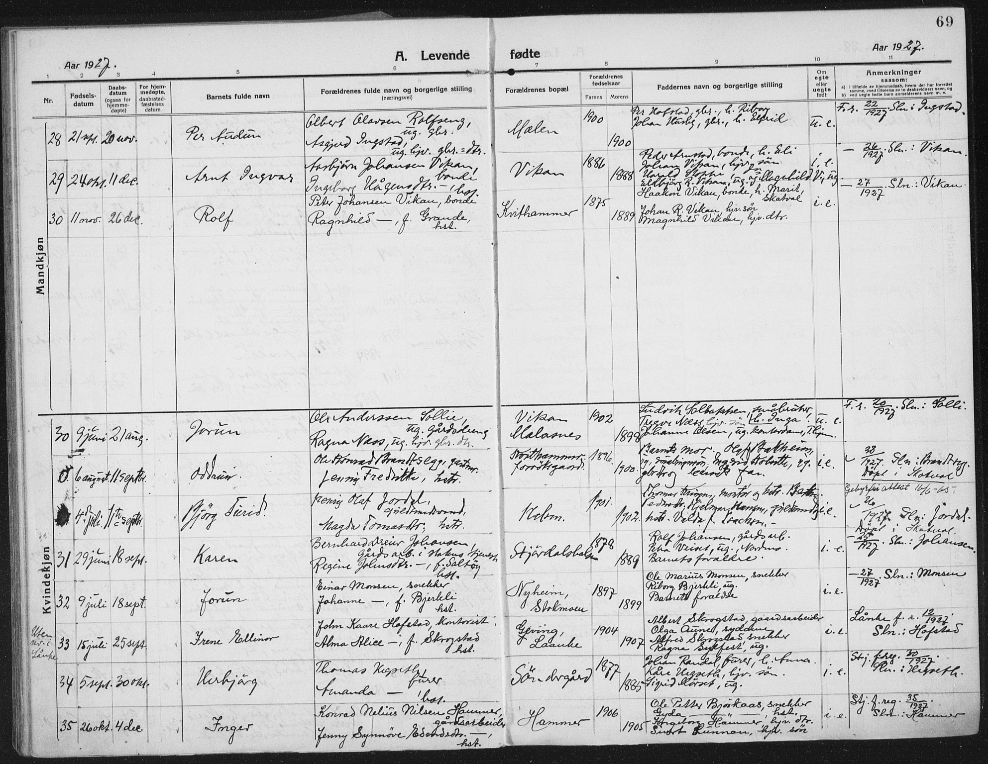 Ministerialprotokoller, klokkerbøker og fødselsregistre - Nord-Trøndelag, AV/SAT-A-1458/709/L0083: Parish register (official) no. 709A23, 1916-1928, p. 69