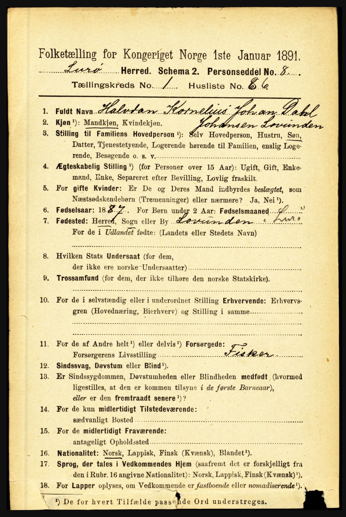 RA, 1891 census for 1834 Lurøy, 1891, p. 654