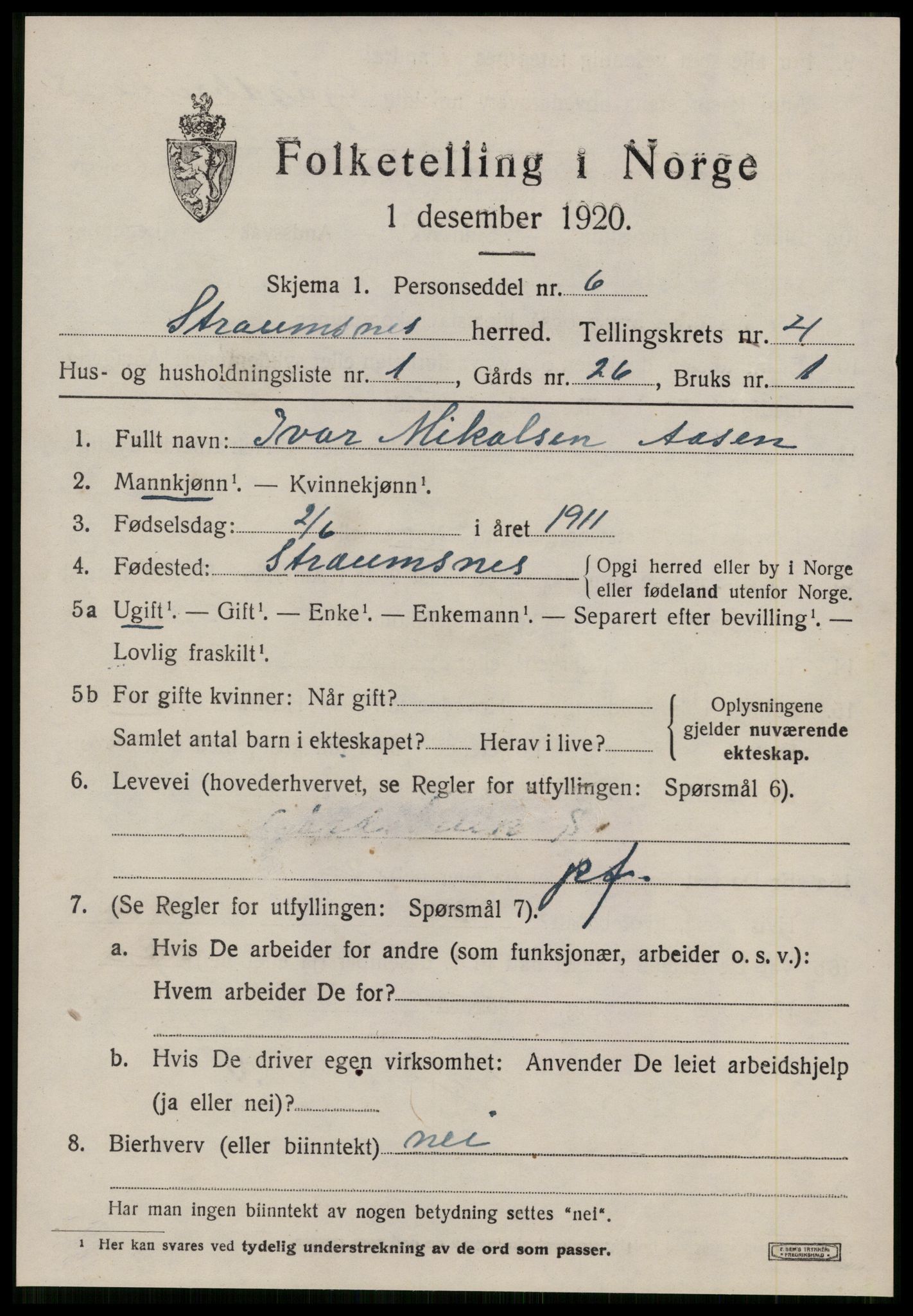 SAT, 1920 census for Straumsnes, 1920, p. 1553