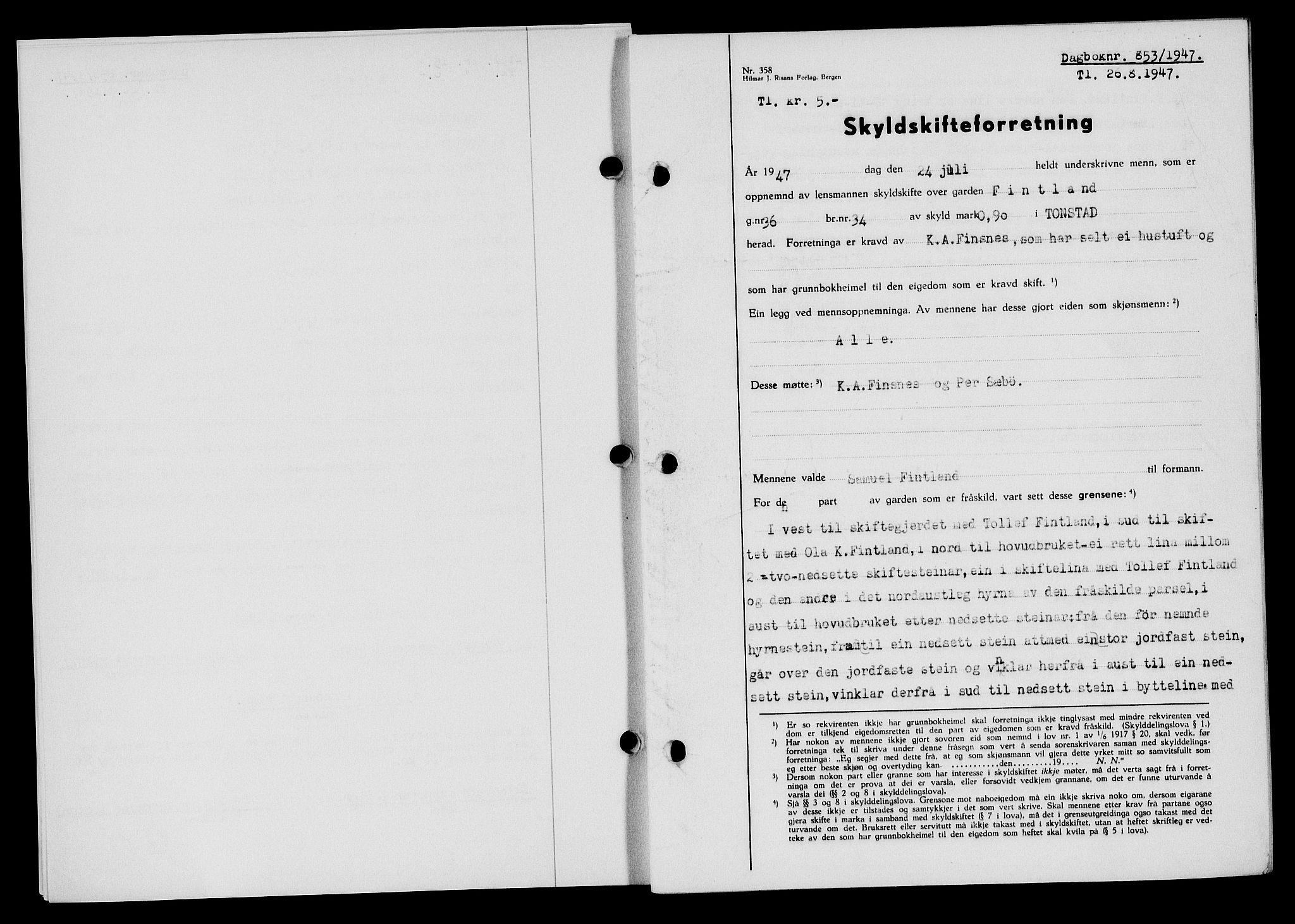 Flekkefjord sorenskriveri, SAK/1221-0001/G/Gb/Gba/L0062: Mortgage book no. A-10, 1947-1947, Diary no: : 853/1947