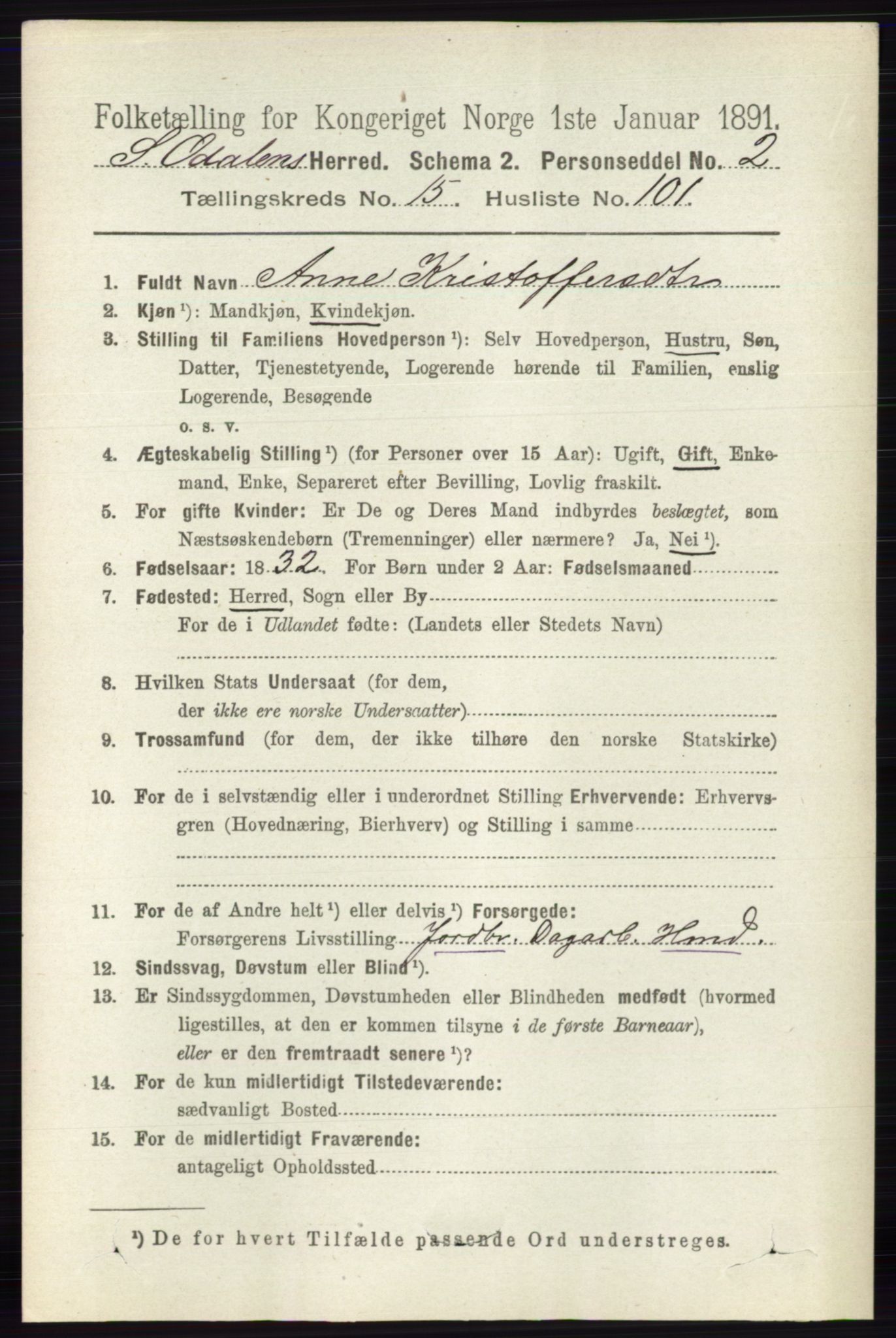 RA, 1891 census for 0419 Sør-Odal, 1891, p. 7180