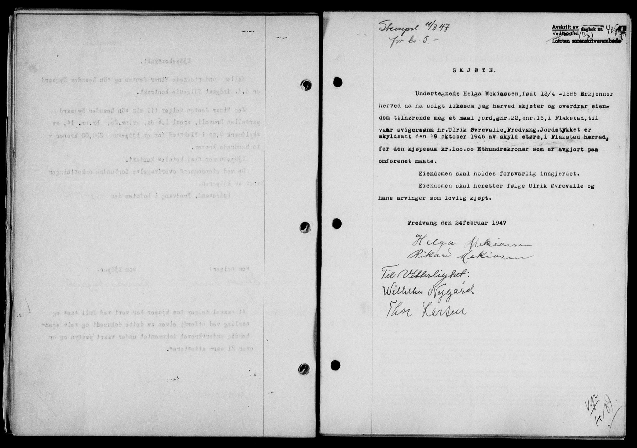Lofoten sorenskriveri, SAT/A-0017/1/2/2C/L0015a: Mortgage book no. 15a, 1946-1947, Diary no: : 435/1947
