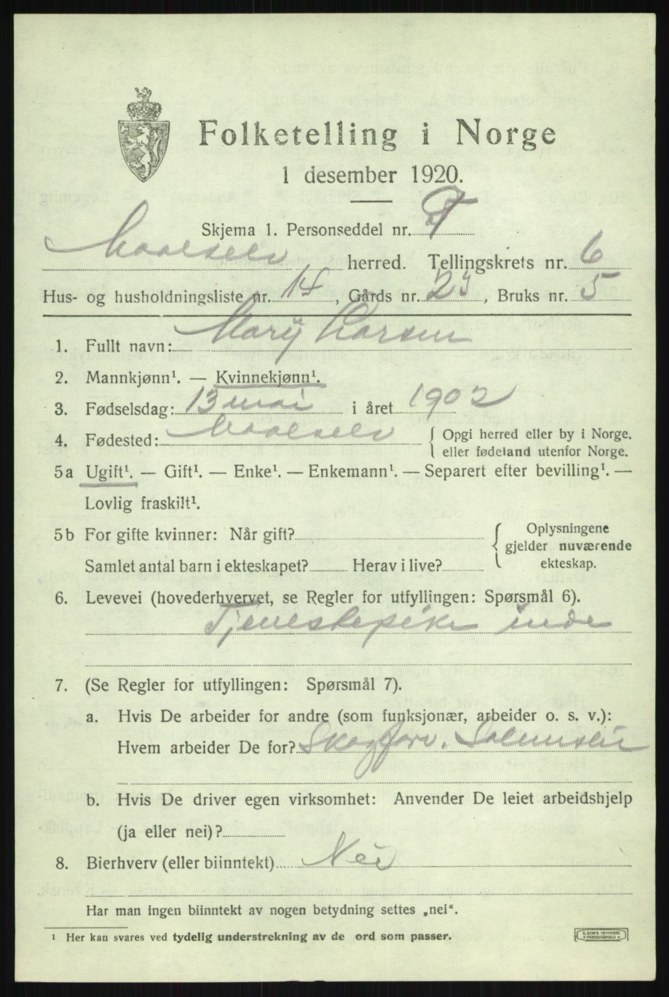 SATØ, 1920 census for Målselv, 1920, p. 3809