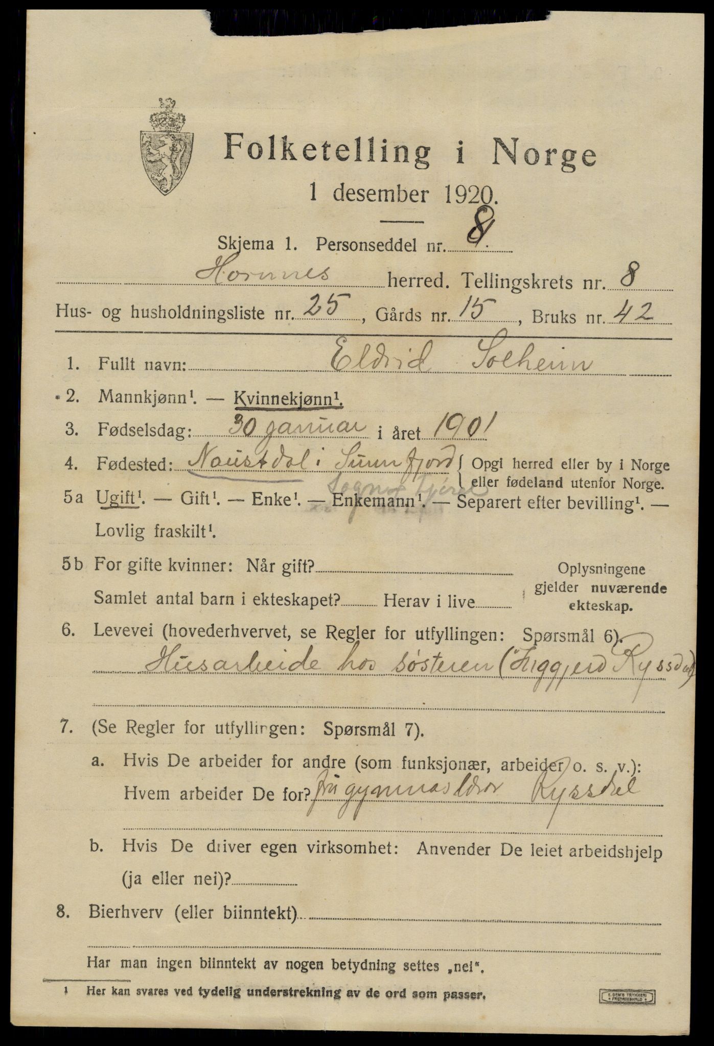 SAK, 1920 census for Hornnes, 1920, p. 2189