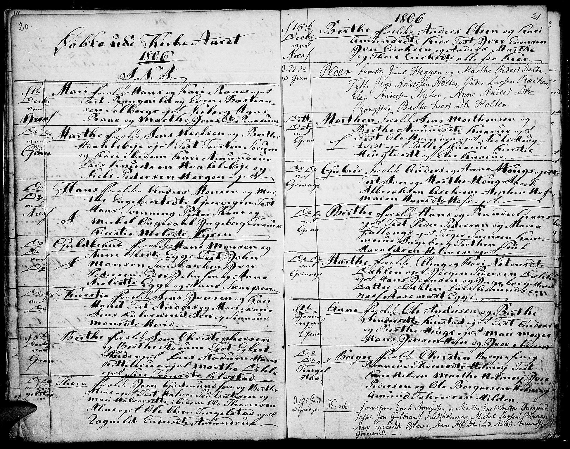 Gran prestekontor, SAH/PREST-112/H/Ha/Haa/L0007: Parish register (official) no. 7, 1804-1815, p. 20-21