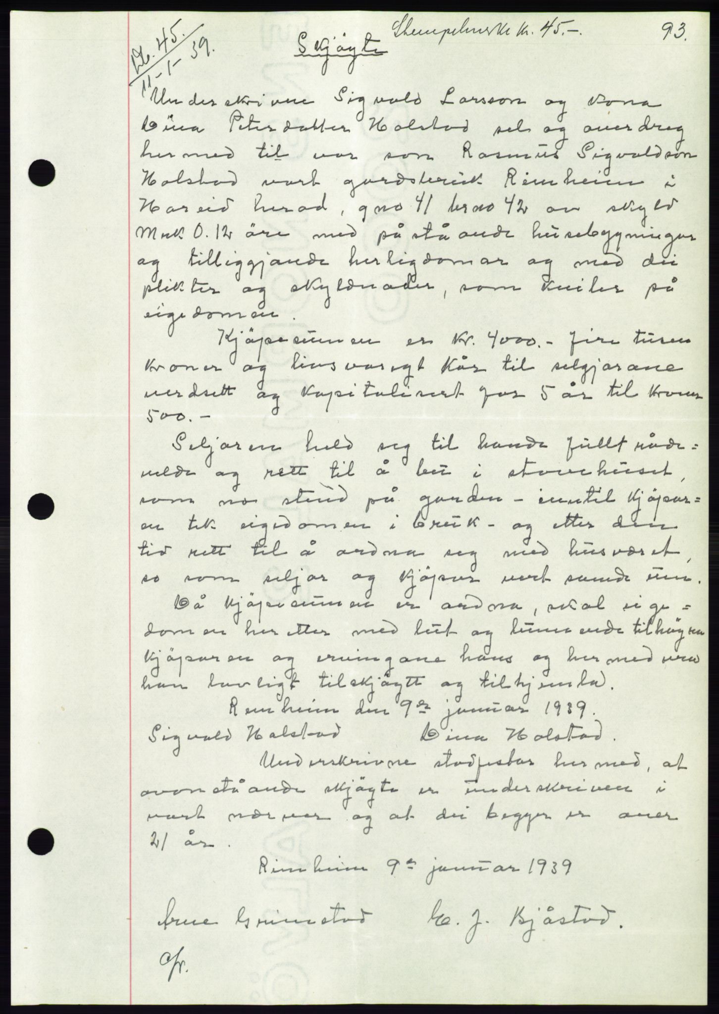 Søre Sunnmøre sorenskriveri, AV/SAT-A-4122/1/2/2C/L0067: Mortgage book no. 61, 1938-1939, Diary no: : 45/1939