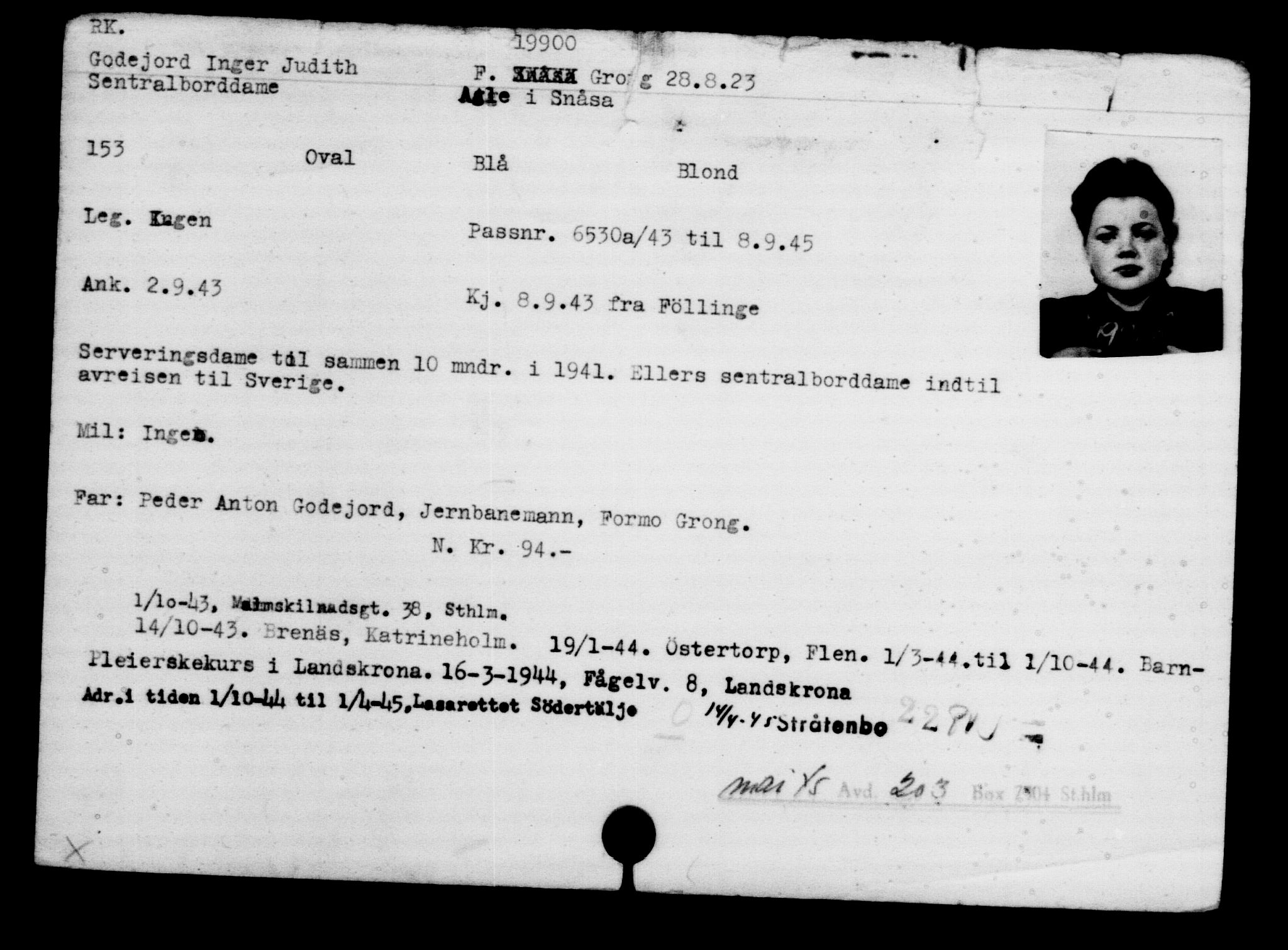 Utenriksstasjonene, Legasjonen i Stockholm, Flyktningkontoret, AV/RA-S-6753/V/Va/L0009: Kjesäterkartoteket, flyktninger med registreringsnr. 18502-22048, 1940-1945, p. 1558